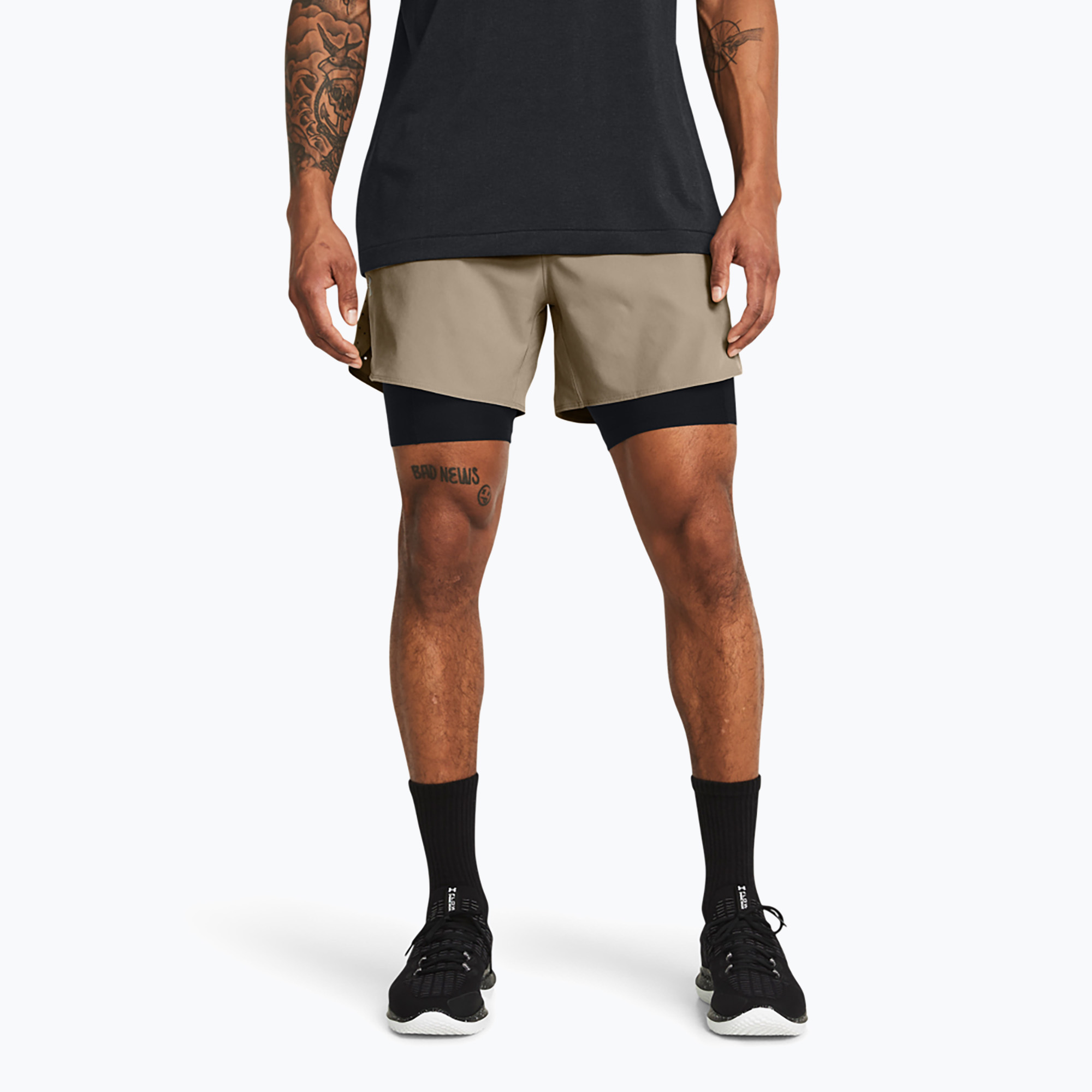 Spodenki męskie Under Armour Peak Woven 2in1 timberwolf taupe/black/black 