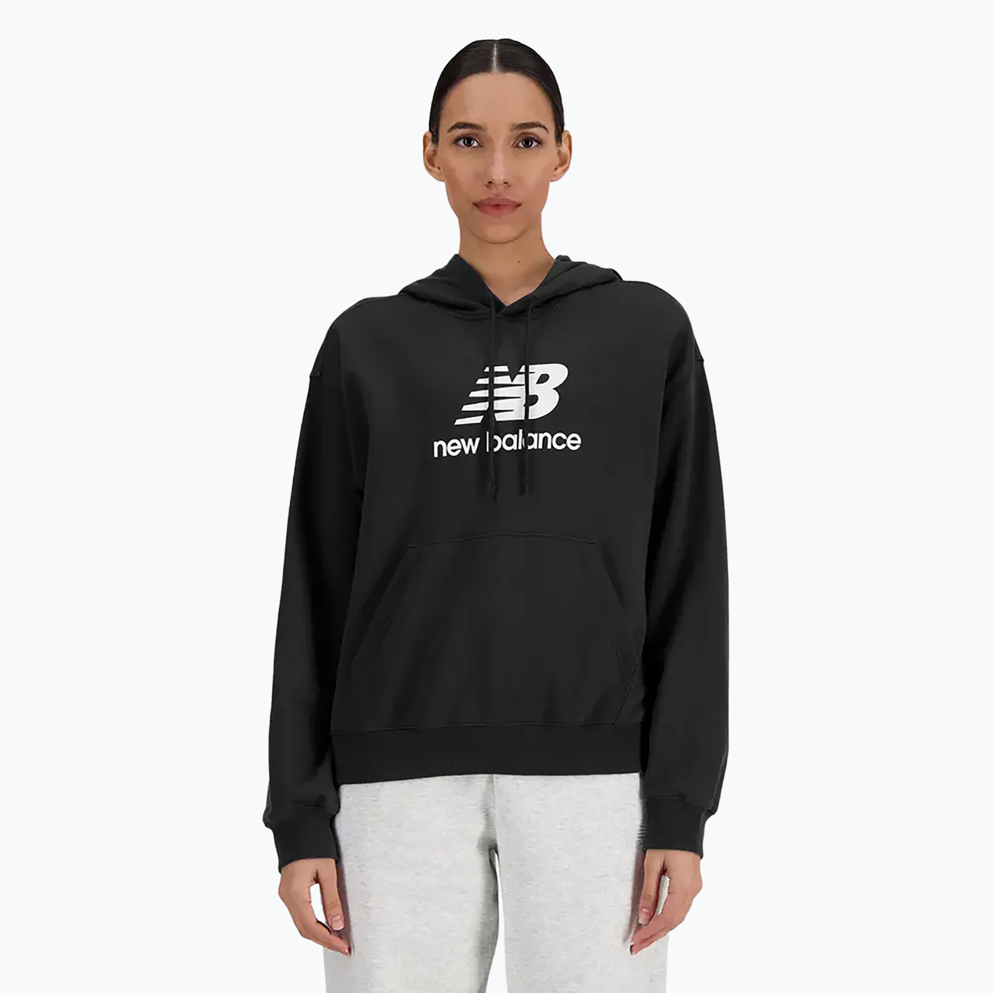 Felpa da donna New Balance French Terry con cappuccio con logo impilato, nero (L) (French Terry Stacked Logo Hoodie WT41504BK)