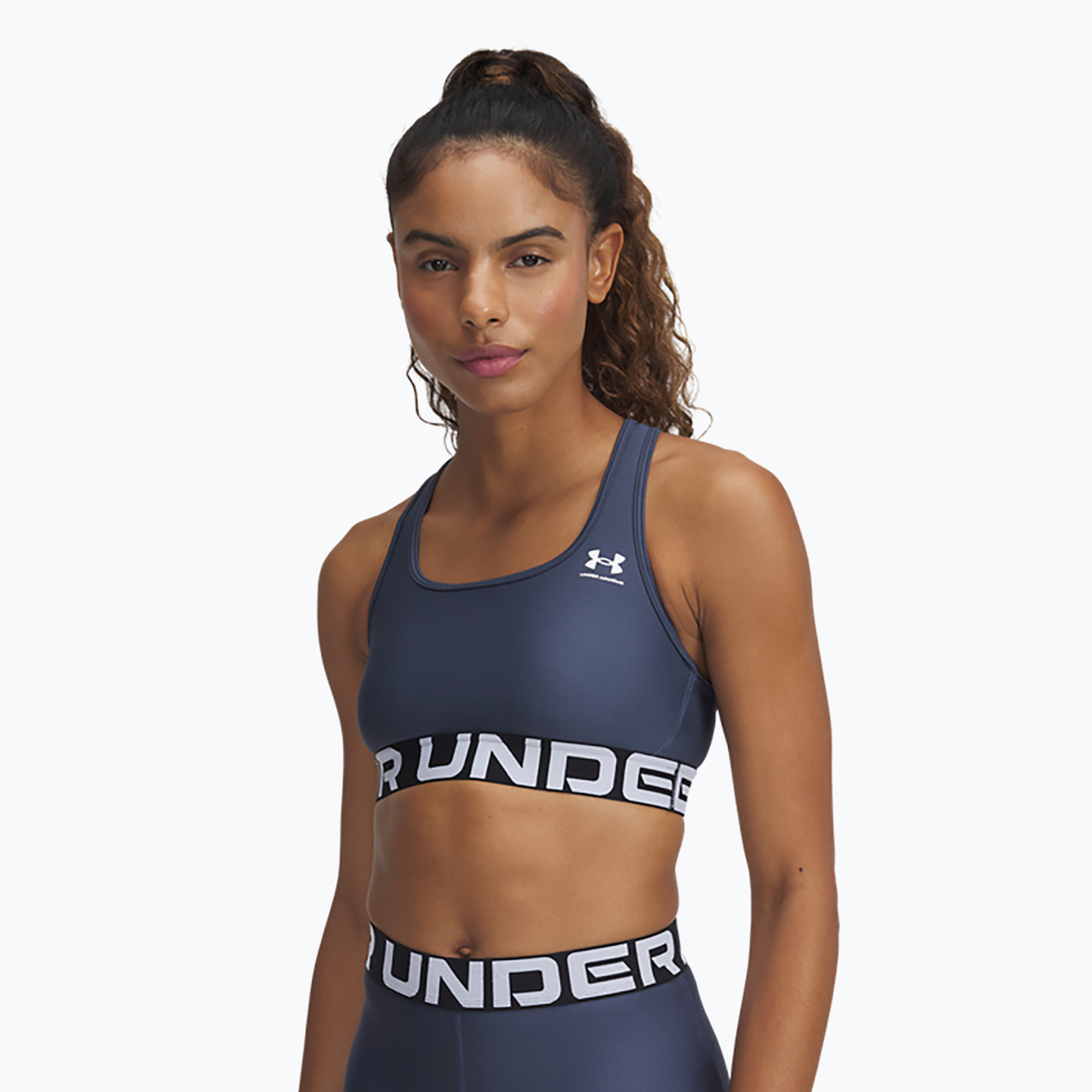 Fitness podprsenka Under Armour HG Authentics Mid Branded downpour gray/white (HG Authentics Mid Branded 1383544-044)