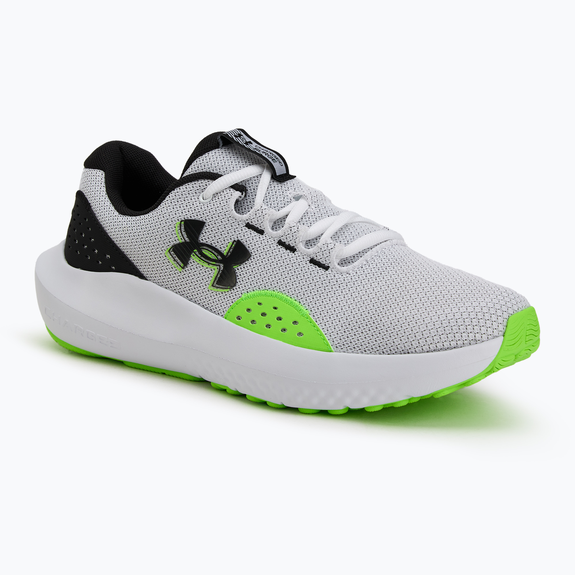 Under Armour Charged Surge 4, scarpe da corsa da uomo bianche/iper verdi/nere (45.5 EU) (Charged Surge 4 3027000-109)