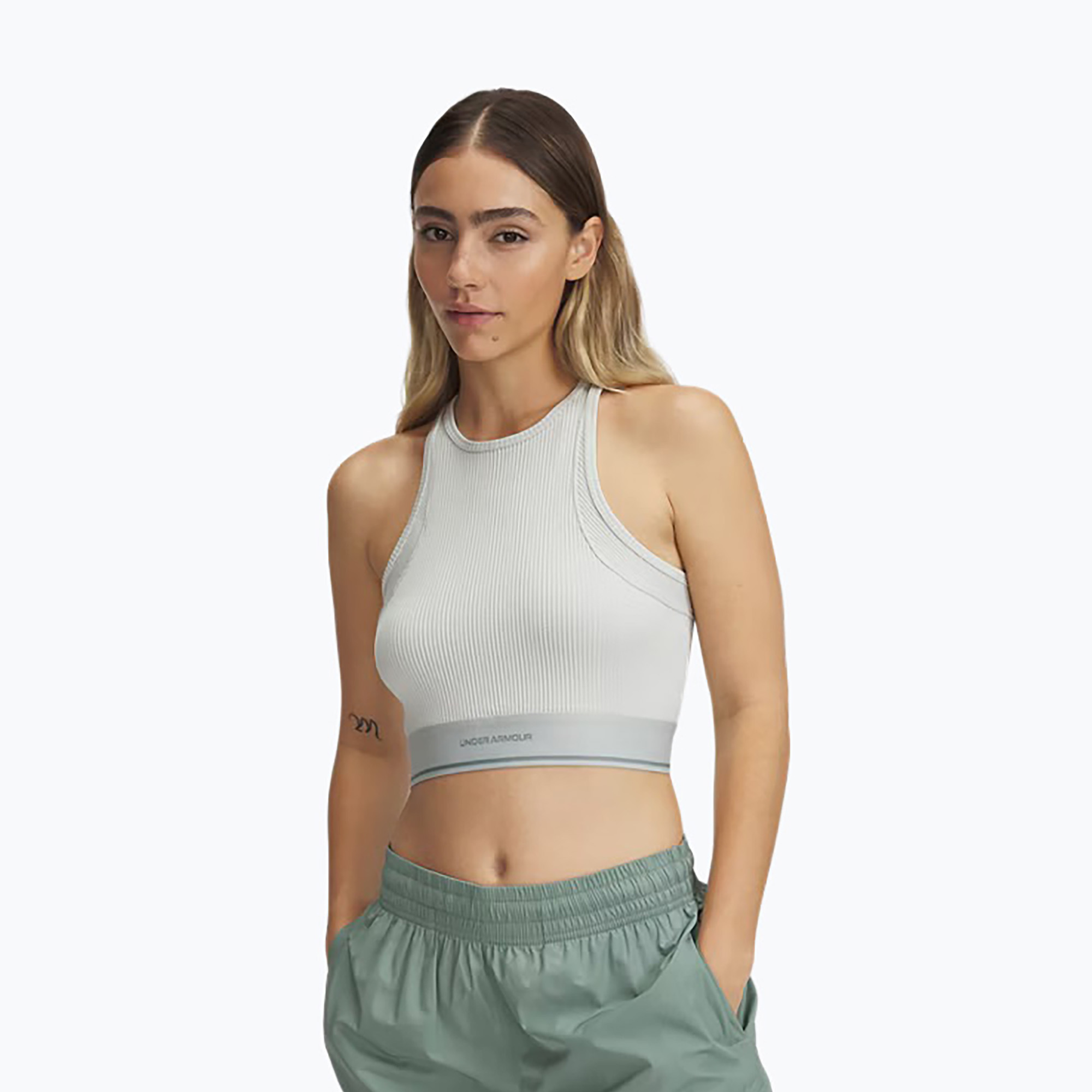Top treningowy damski Under Armour Meridian Rib Branded Tank hydro green/silica green 