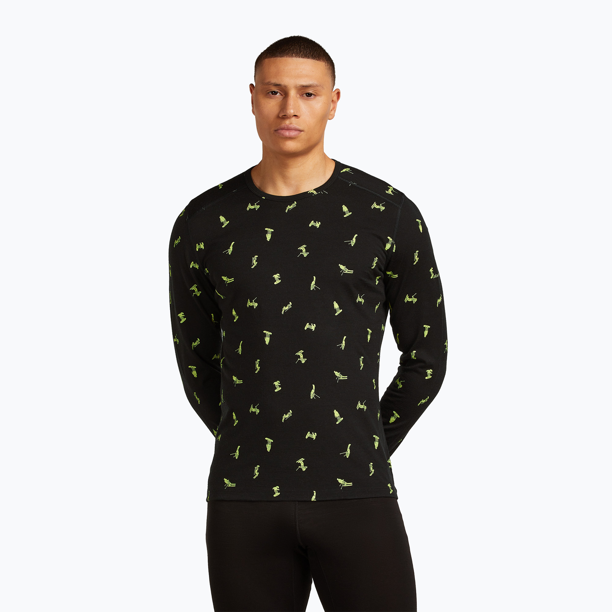 Pánske termo tričko Icebreaker Merino 200 Oasis Crewe Snow Day s dlhým rukávom black/peridot/aop (Merino 200 Oasis Crewe Snow Day AOP IB0A57BE0H71)