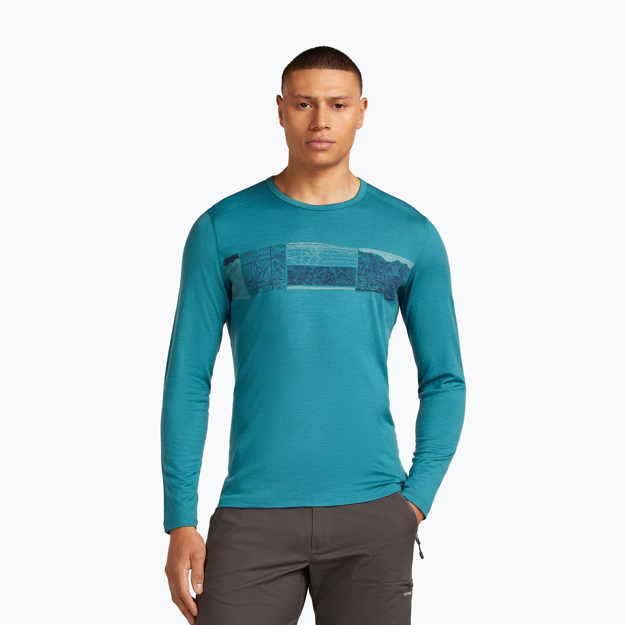 Pánske tričko Icebreaker Merino 200 Oasis Crewe Elevation Line topaz s dlhým rukávom