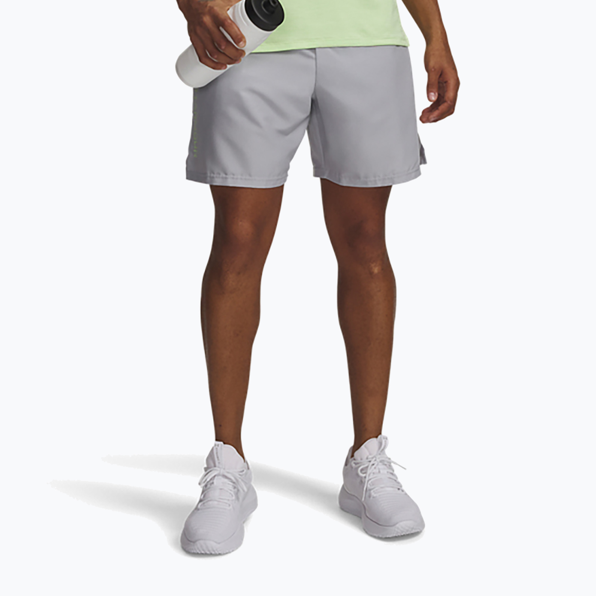 Spodenki treningowe męskie Under Armour Woven Wordmark mod gray/lumos lime