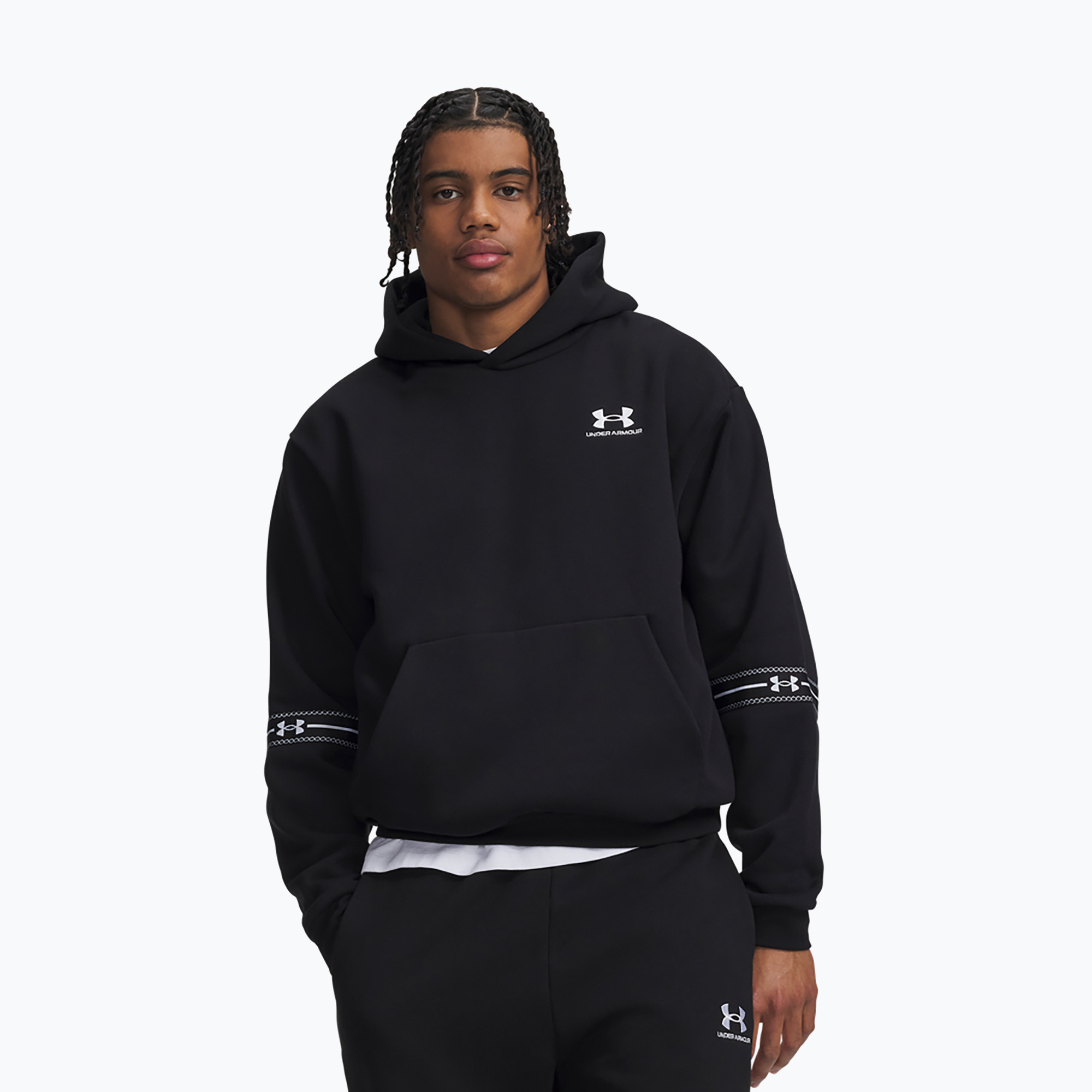 Pánska mikina Under Armour Icon Fleece Taped Hoodie ultimate black/white