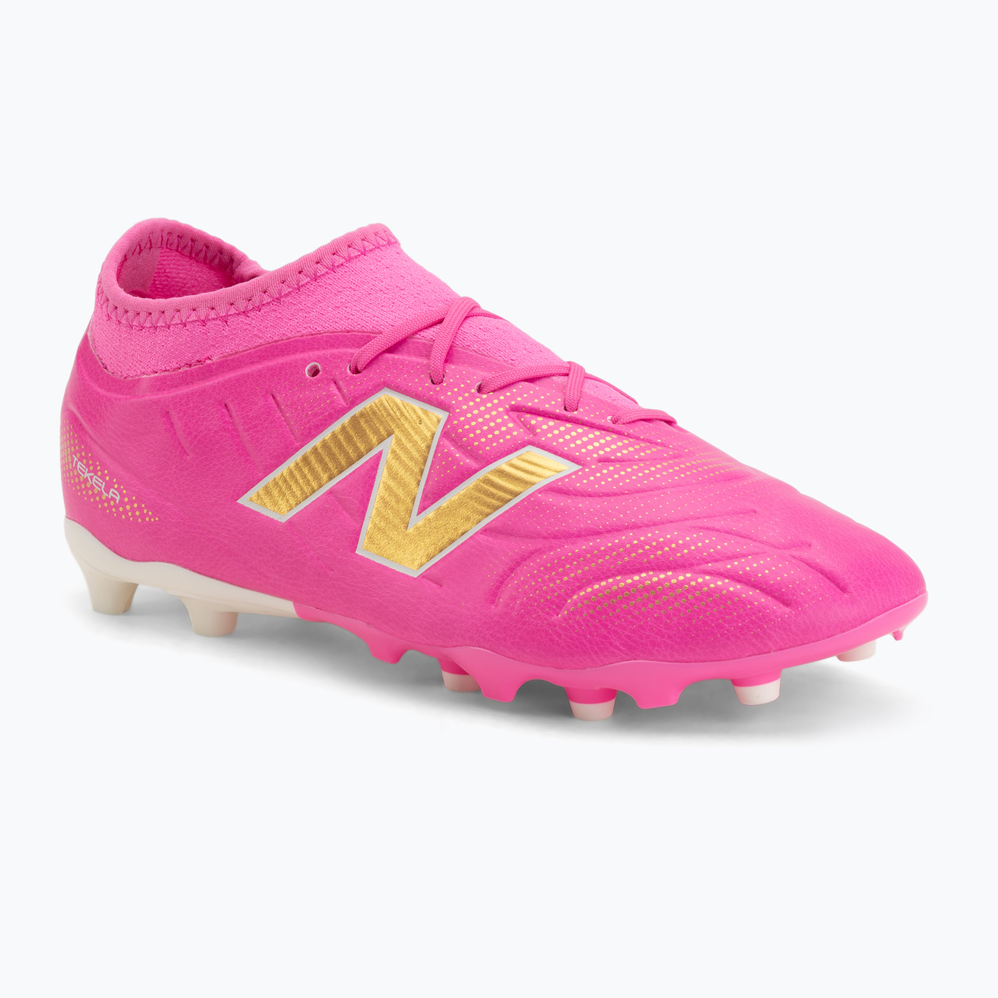 Buty piłkarskie dziecięce New Balance Tekela Team V5 pink heat/metallic gold/pink satin 
