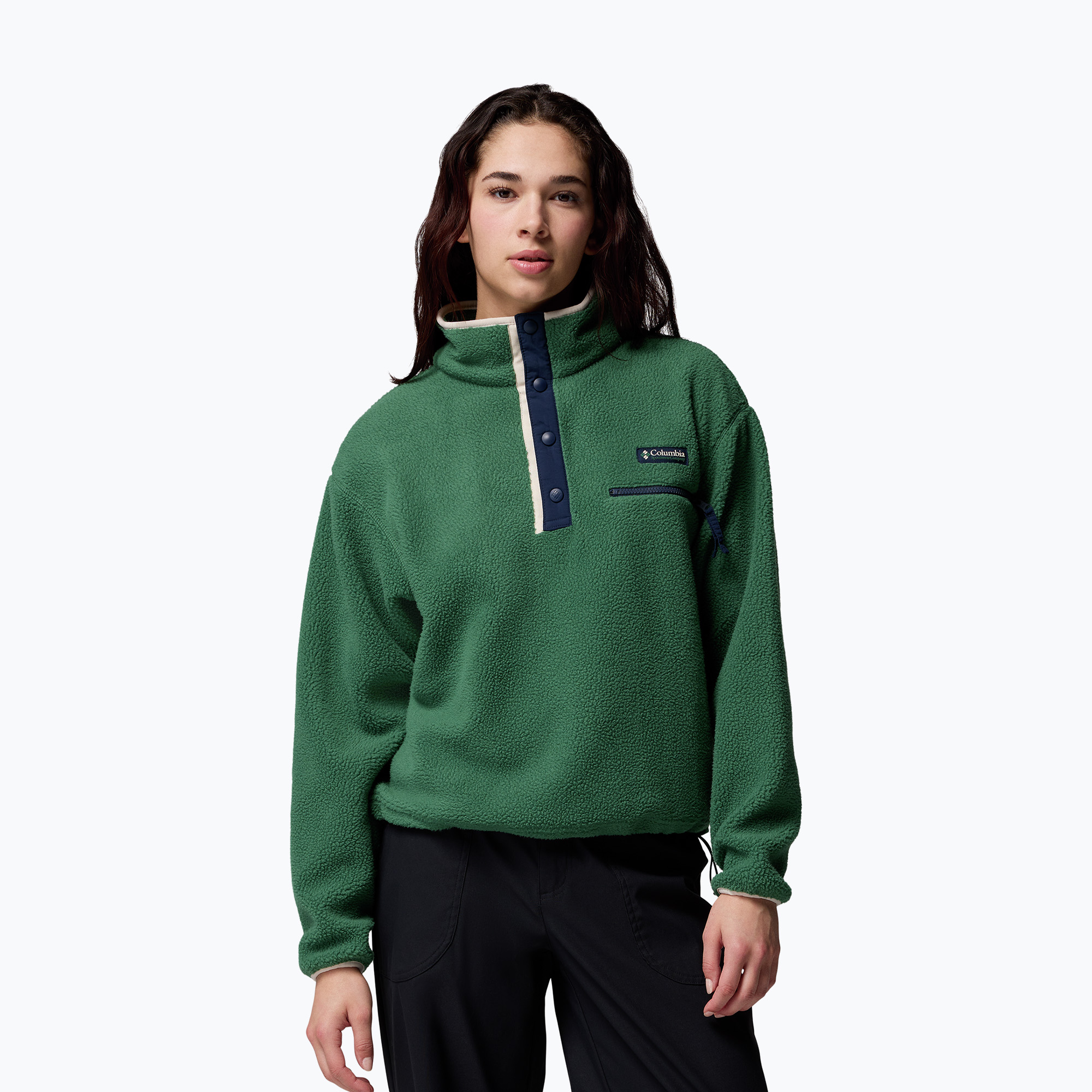 Bluza polarowa damska Columbia Helvetia II Cropped Half Snap Fleece rain forest/collegiate navy/dark stone 