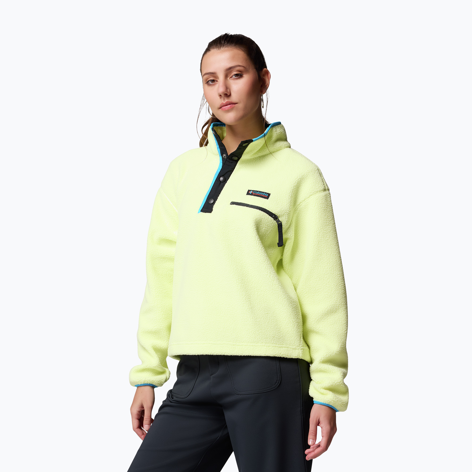 Bluza polarowa damska Columbia Helvetia II Cropped Half Snap Fleece citron haze/black/compass blue 