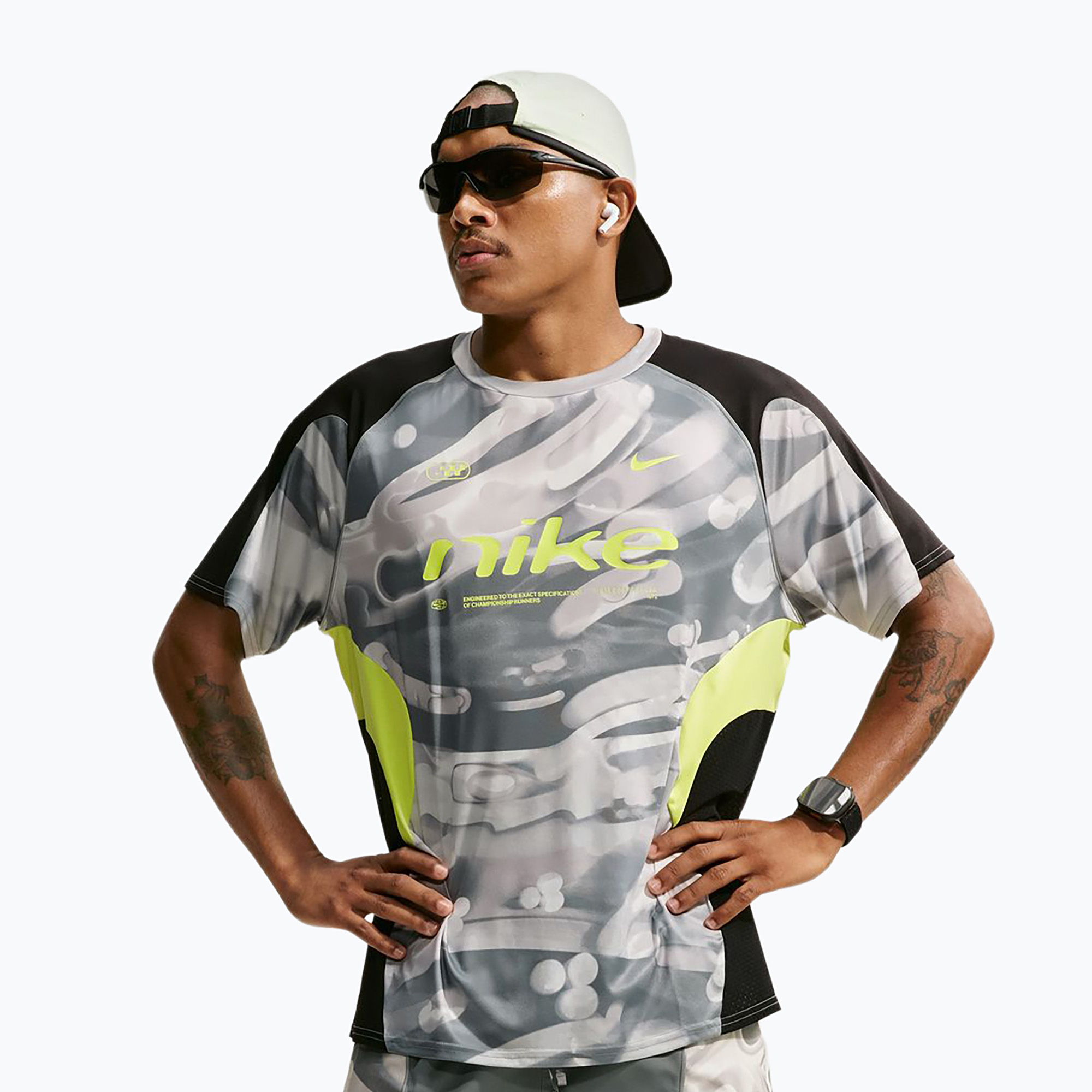 Мъжка тениска за бягане Nike Dri-FIT Printed SS smoke grey/black/light lemon twist