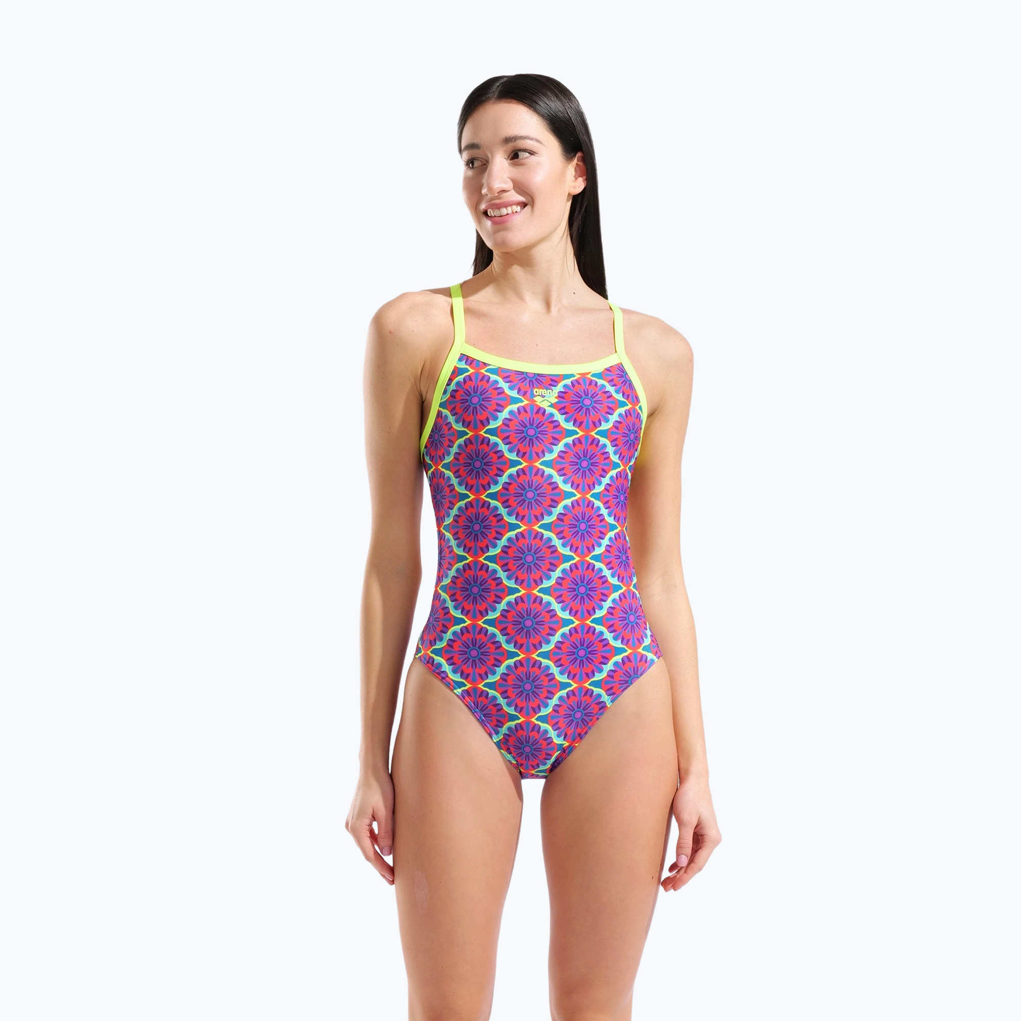Дамски цял костюм за плуване arena Floral Challange Back violet multi/artic lime
