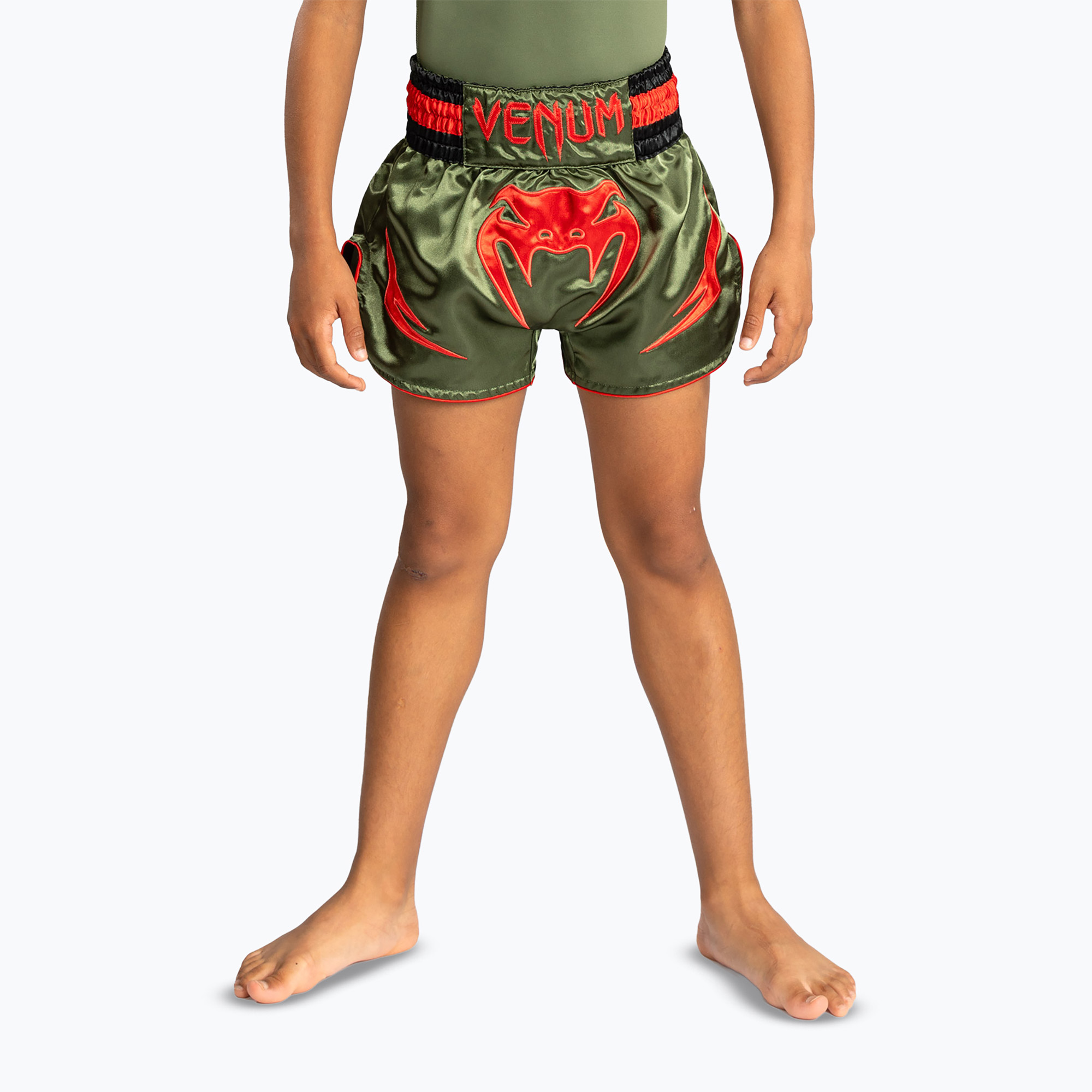 Spodenki treningowe dziecięce Venum Inferno Kids Muay Thai army green/orange 