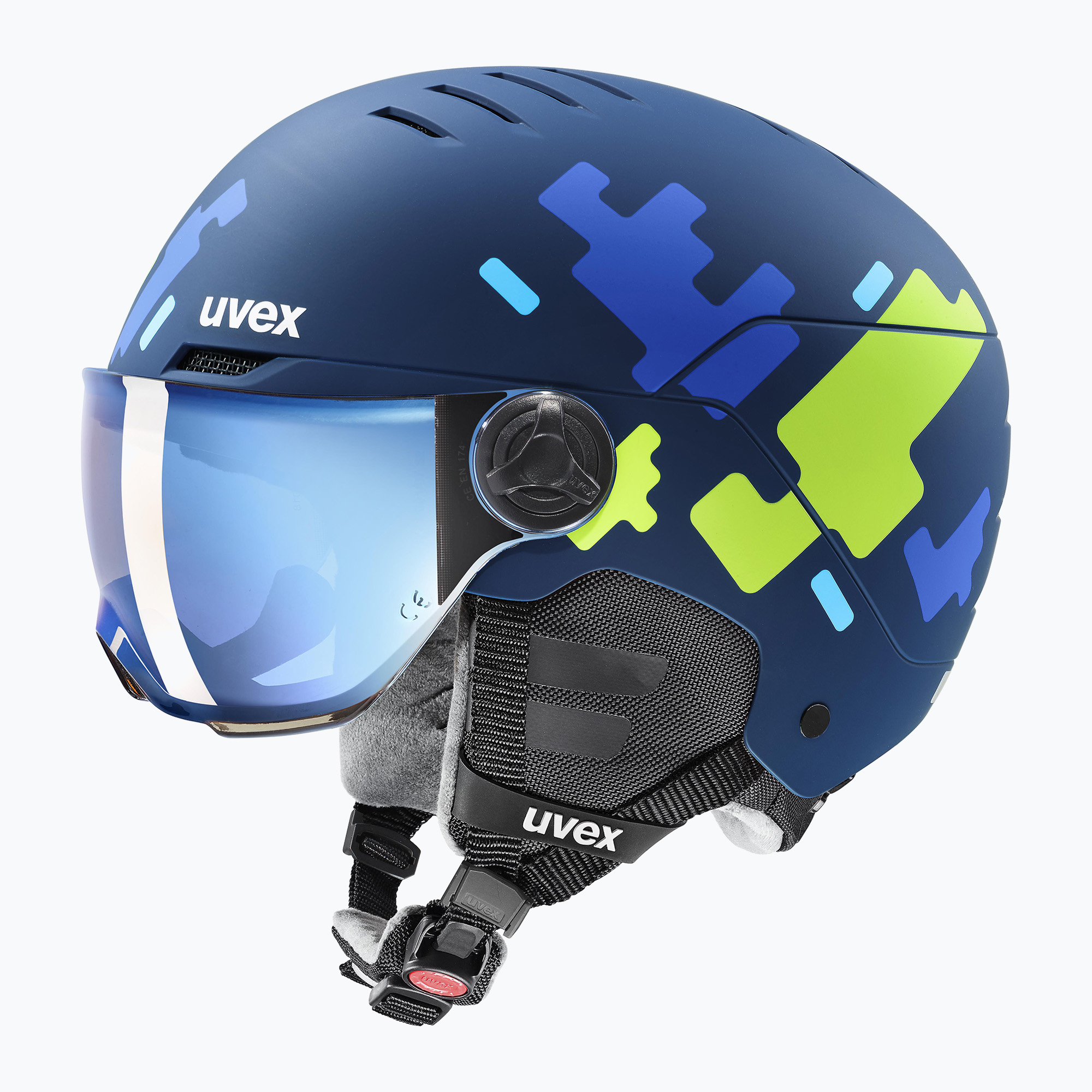 Casco da sci per bambini UVEX Rocket Visor Jr blu puzzle matt/blu specchio/fumo (51-55 cm) (Rocket Visor Jr 56/6/263/80)