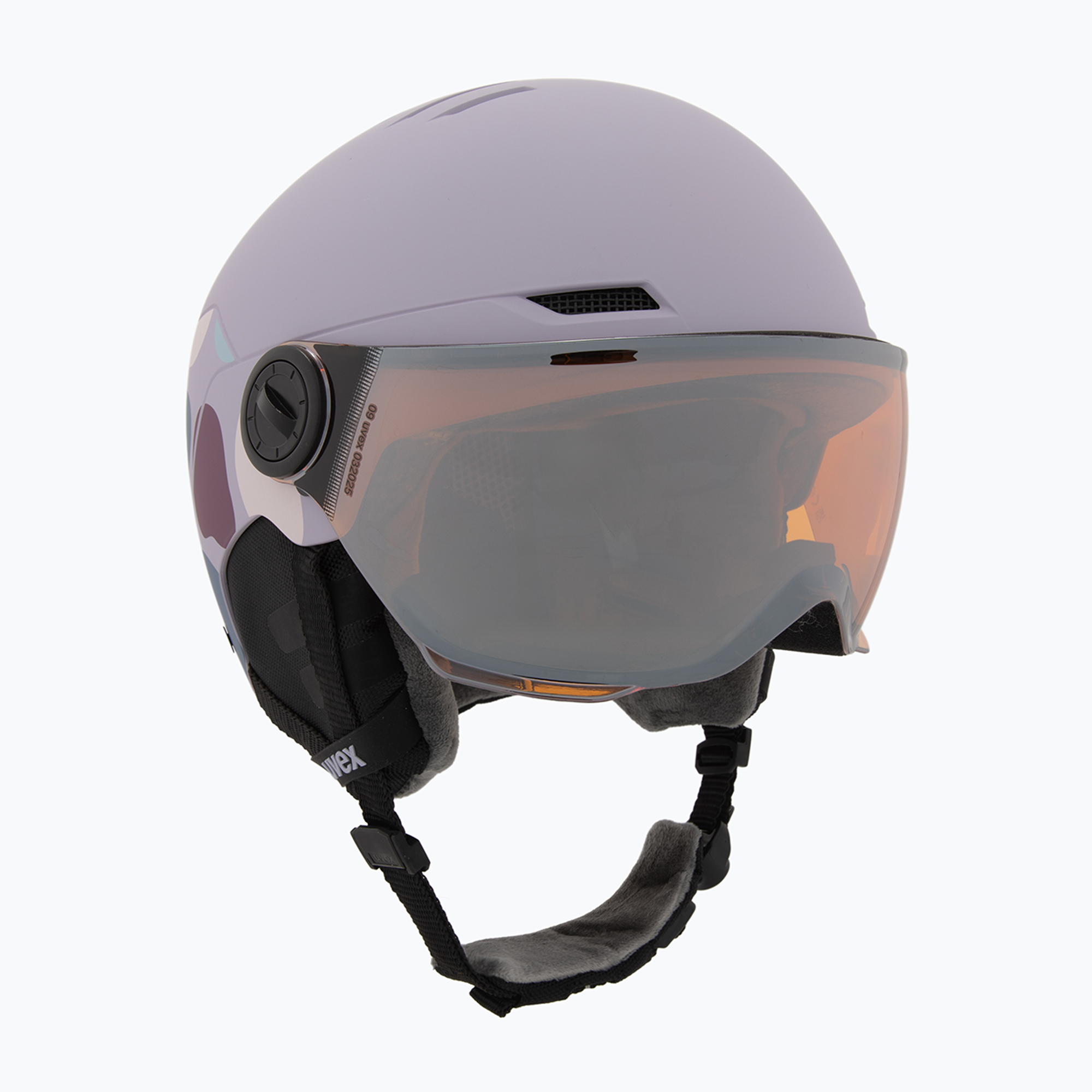 Детска скиорска каска UVEX Rocket Visor Jr cool lavender abstract matt/mirrorsilver/lasergold