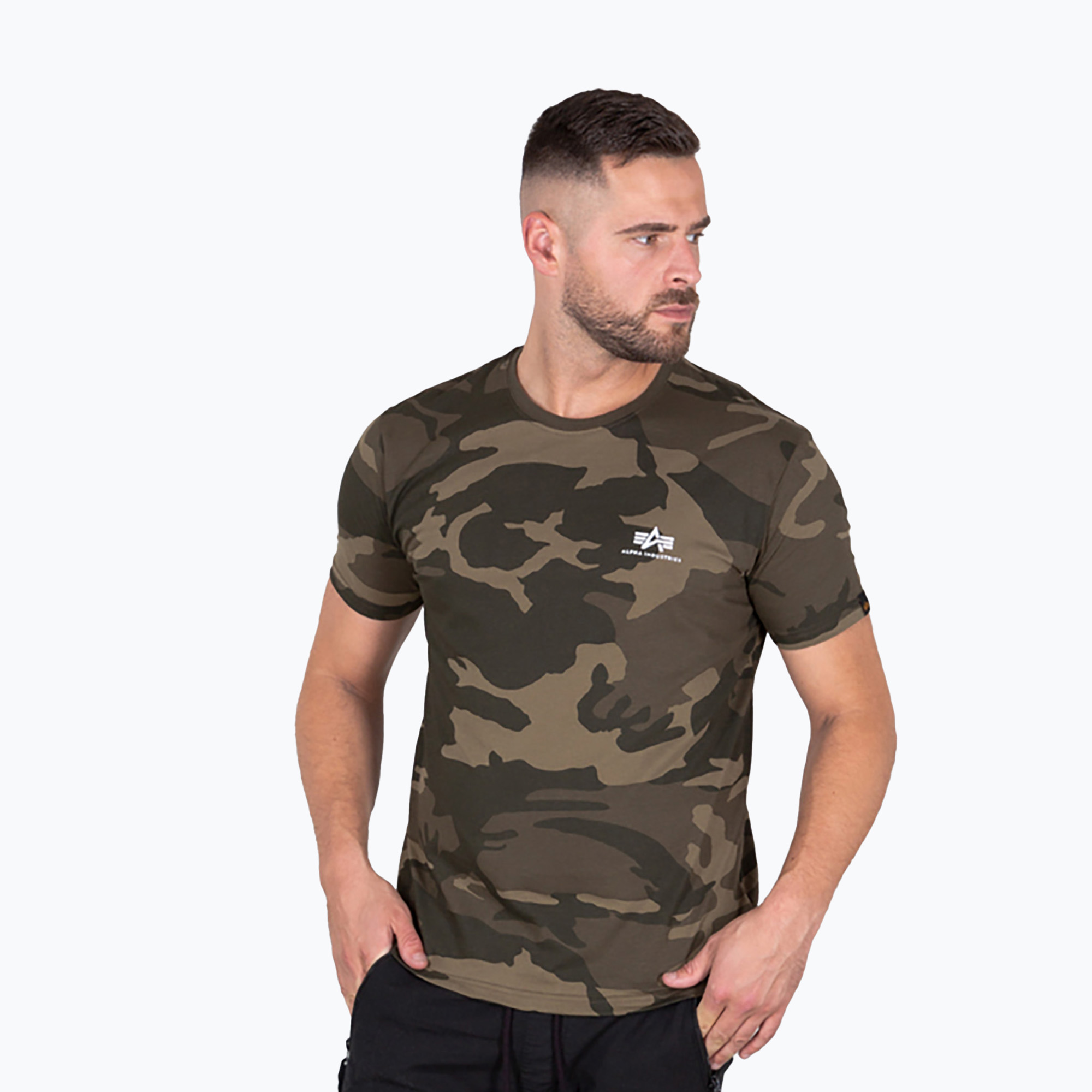Maglietta Alpha Industries Basic Small Logo Camo oliva da uomo (M) (Basic Small Logo Camo 188505C)