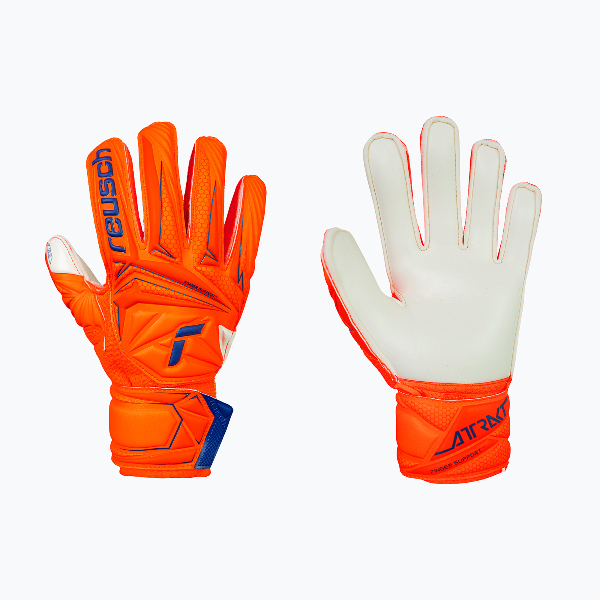 Детски вратарски ръкавици Reusch Attrakt Solid Finger Support Junior в шокиращо оранжево/синьо