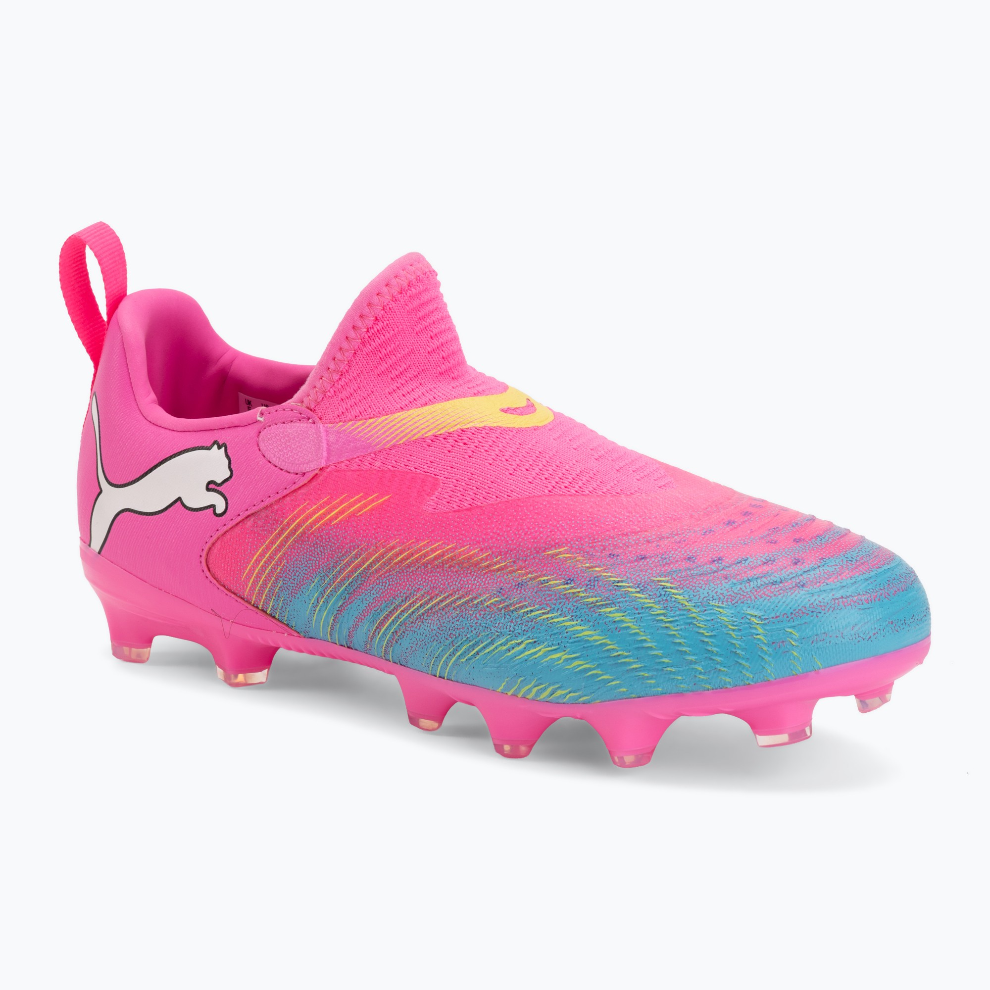 Încălțăminte de fotbal pentru copii PUMA Future 9 Match LL FG/AG Jr poison pink/puma white/sun stream/bright aqua/puma black
