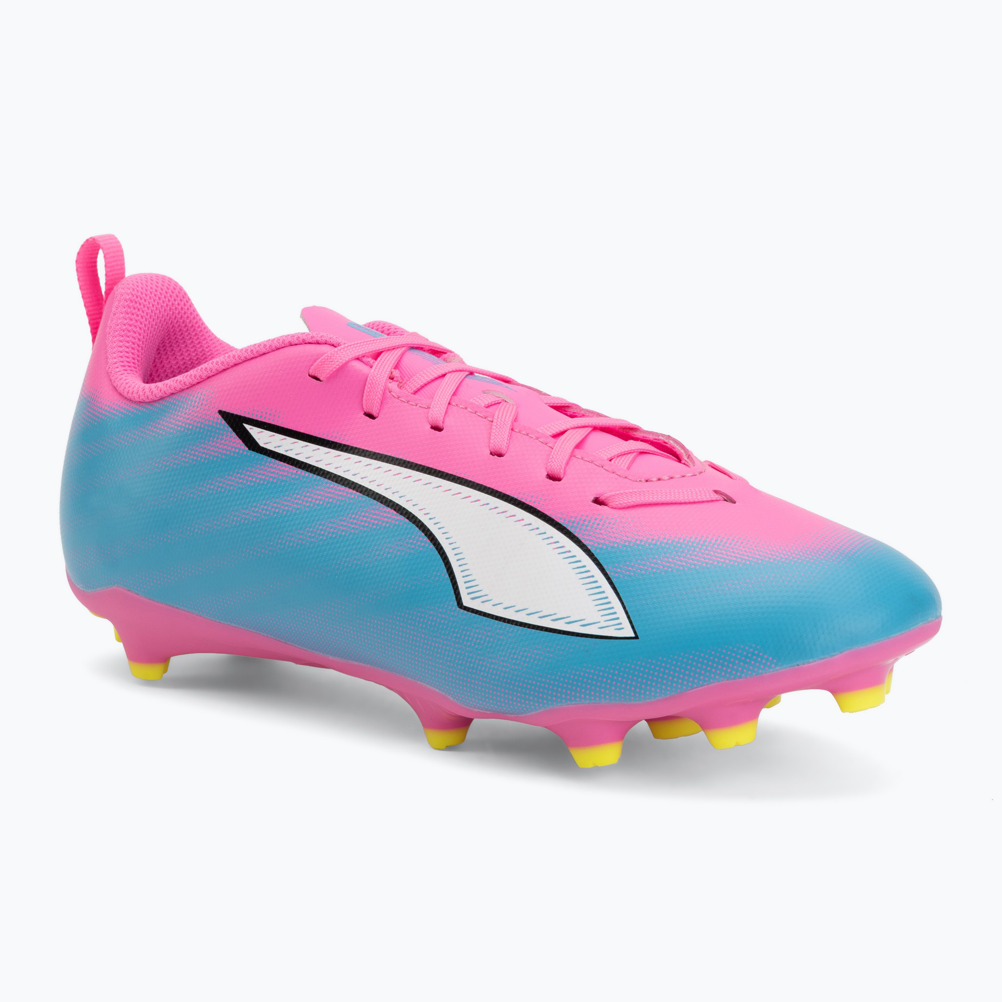 Încălțăminte de fotbal pentru copii PUMA Ultra 6 Play FG/AG Jr poison pink/puma white/sun stream/bright aqua/puma black