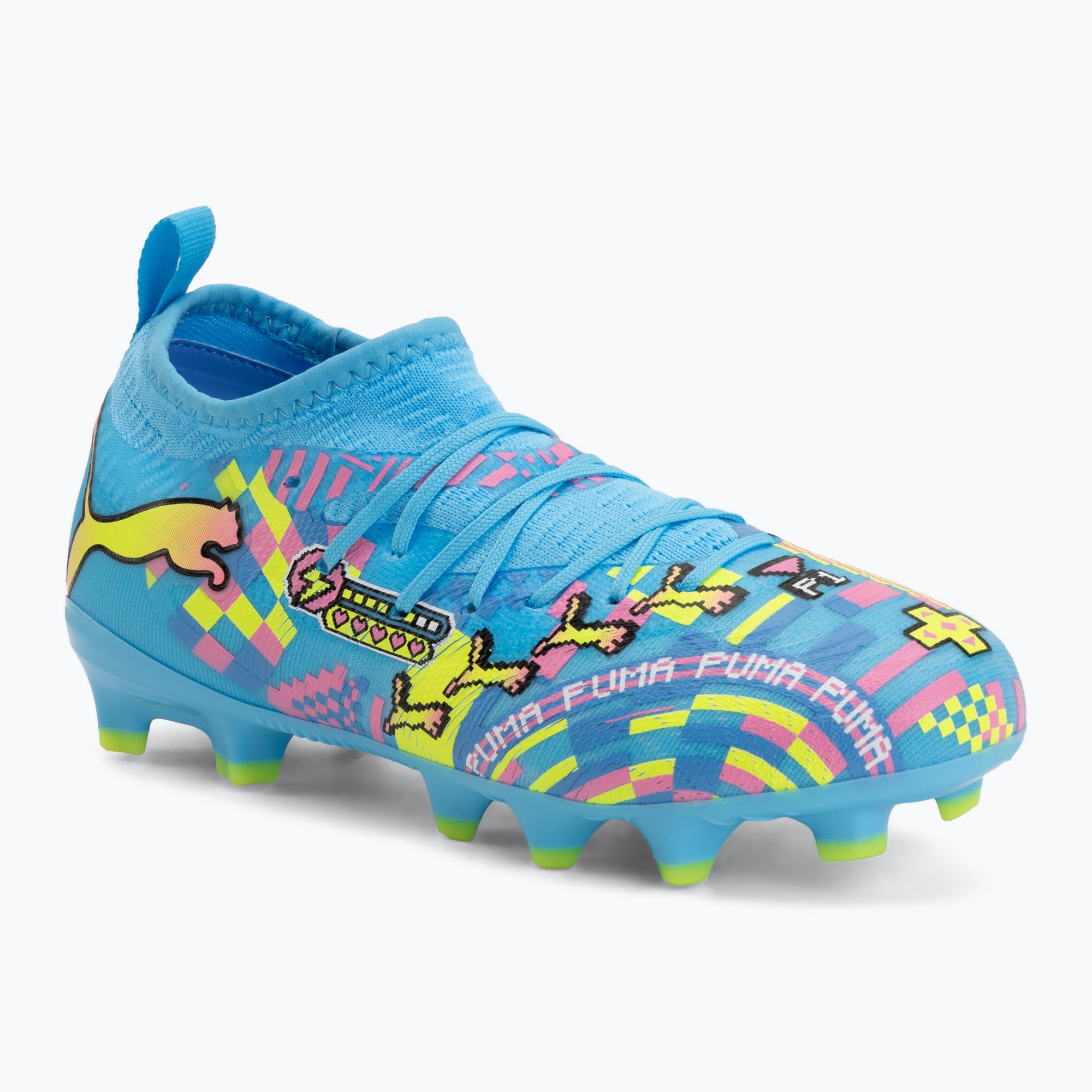 Детски футболни обувки PUMA Future 9 Match Advanced Level FG/AG Jr puma white/blue glimmer/pink glimmer/yellow alert