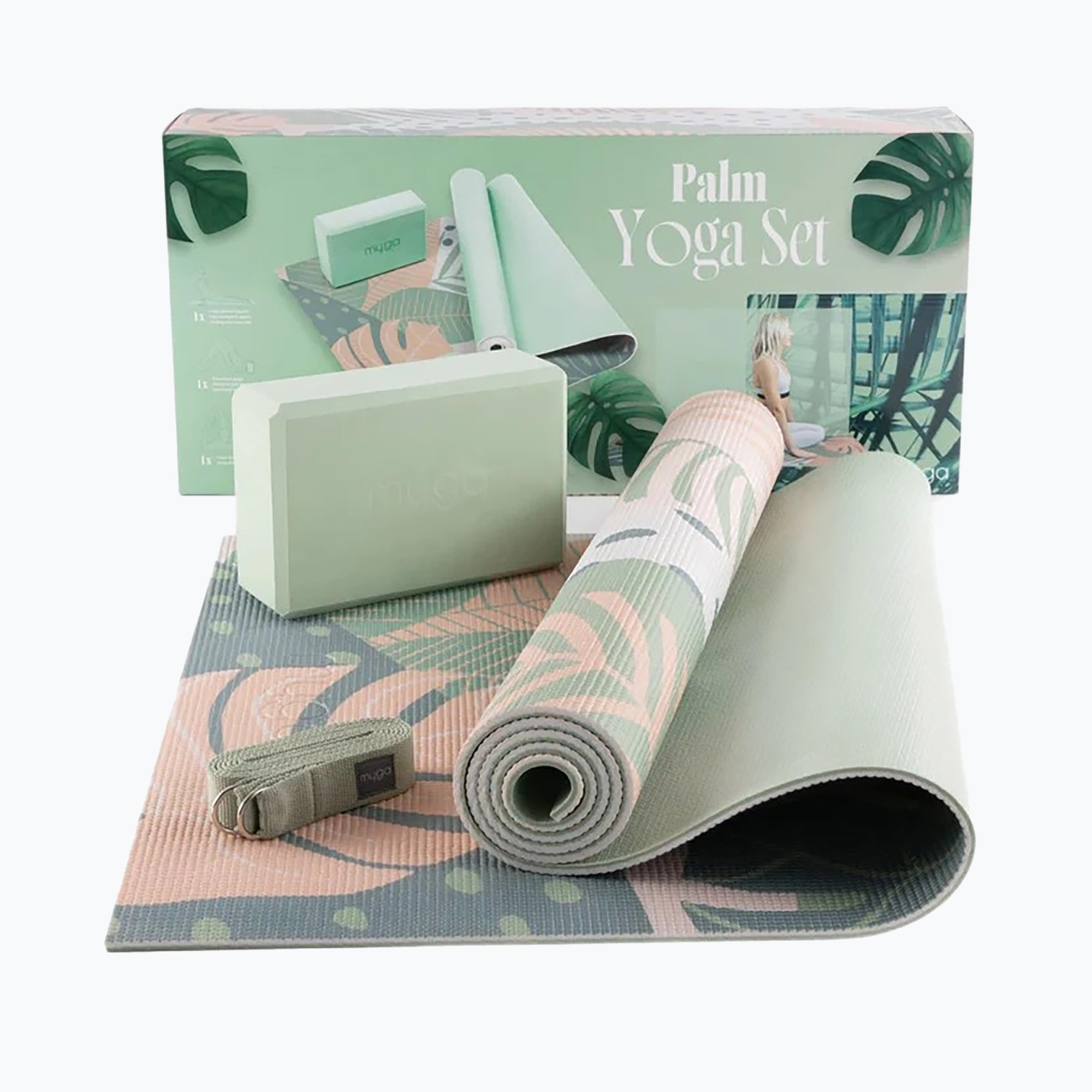 Комплект за йога Myga Palm Yoga Set mat   block   green strap