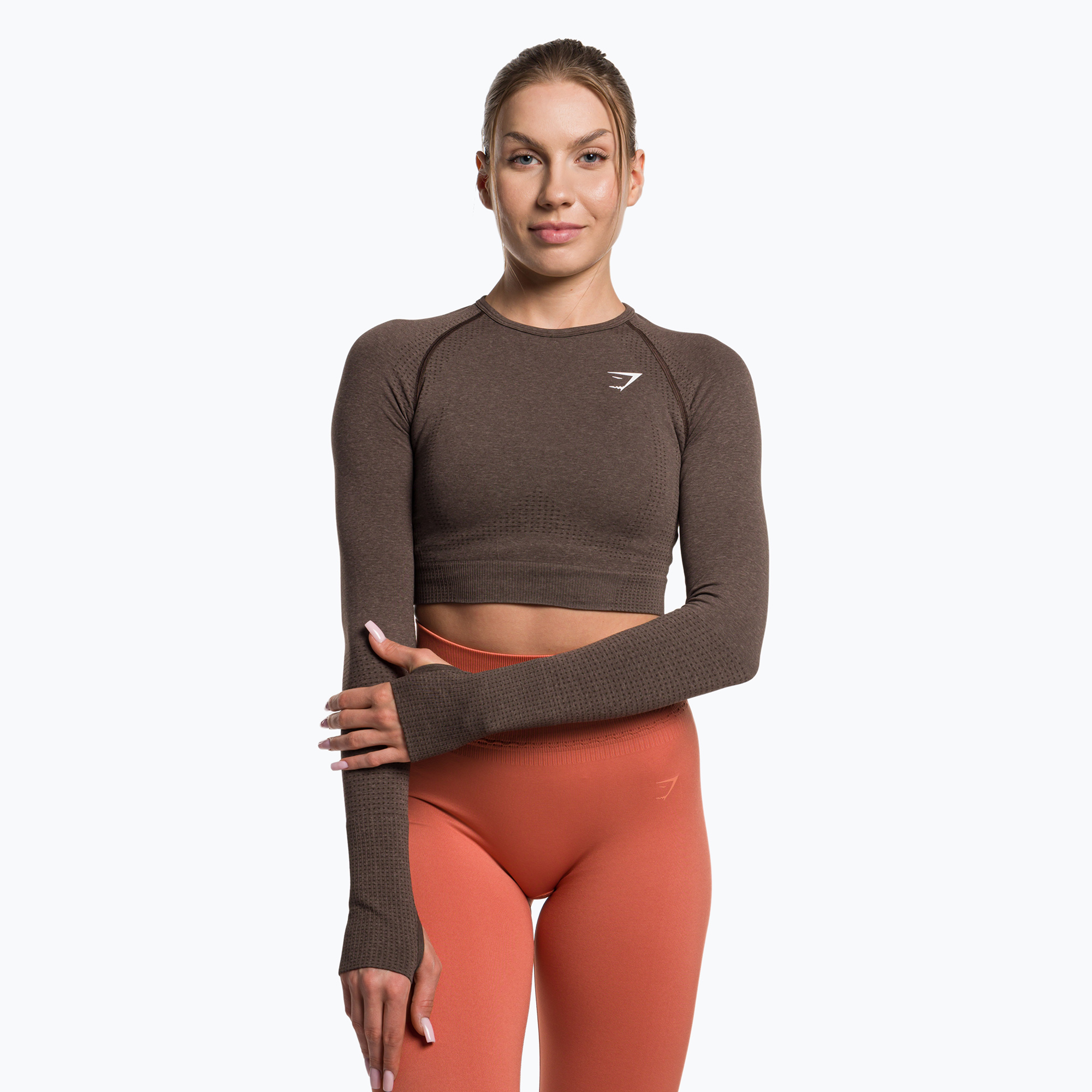 Női hosszú ujjú edzős top Gymshark Vital Seamless Crop Top penny barna marl (Vital Seamless Crop Top B1A3D-NBBW-AI1)