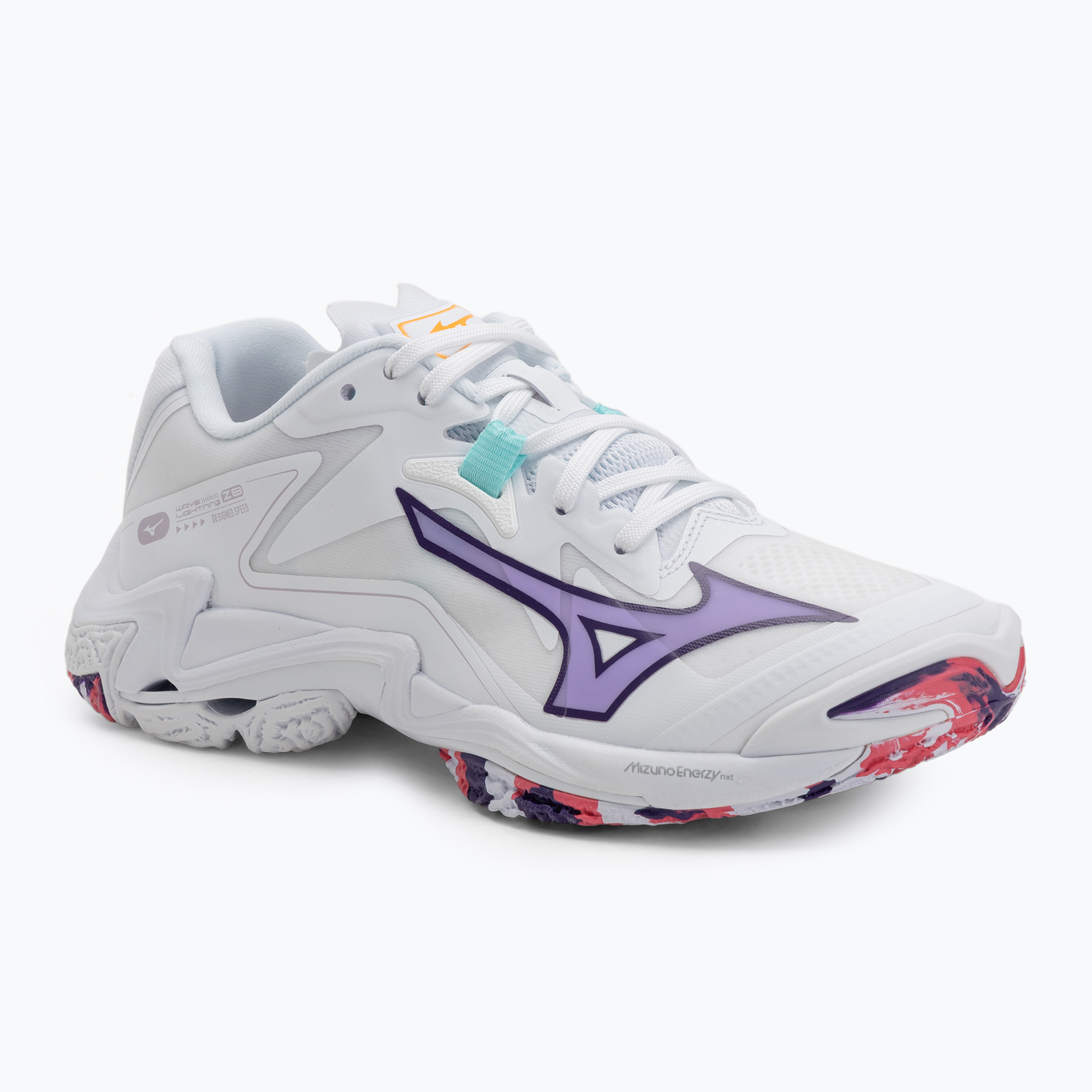 Dámske volejbalové topánky Mizuno Wave Lightning Z8 biele/fialové indigo/camelliaros (Wave Lightning Z8 V1GC240020)