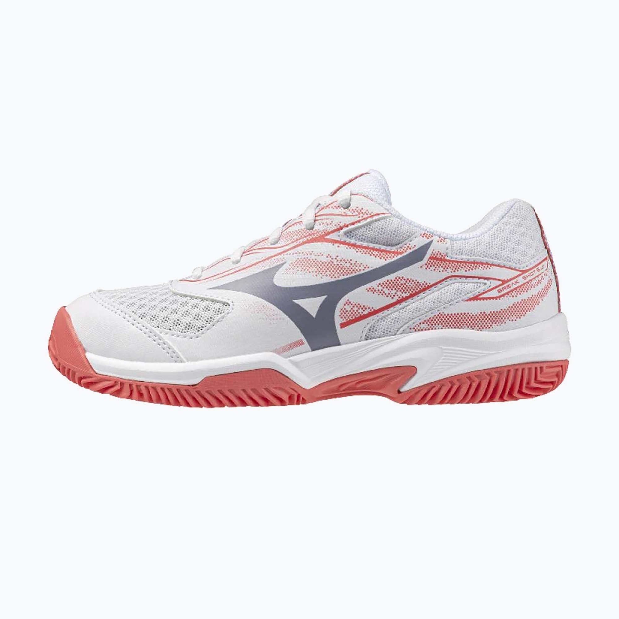 Buty do tenisa dziecięce Mizuno Break Shot 5 Jr CC white/blue granite/calypso coral 