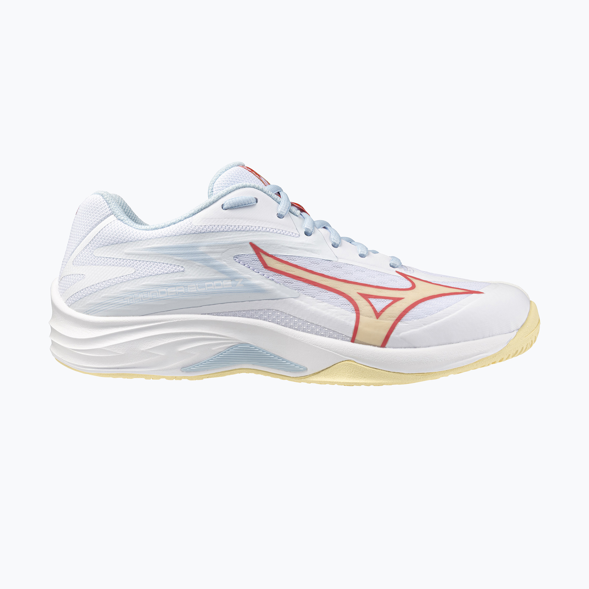 Dámske volejbalové topánky Mizuno Thunder Blade Z white/calypso coral/pale banana (Thunder Blade Z V1GC237030)