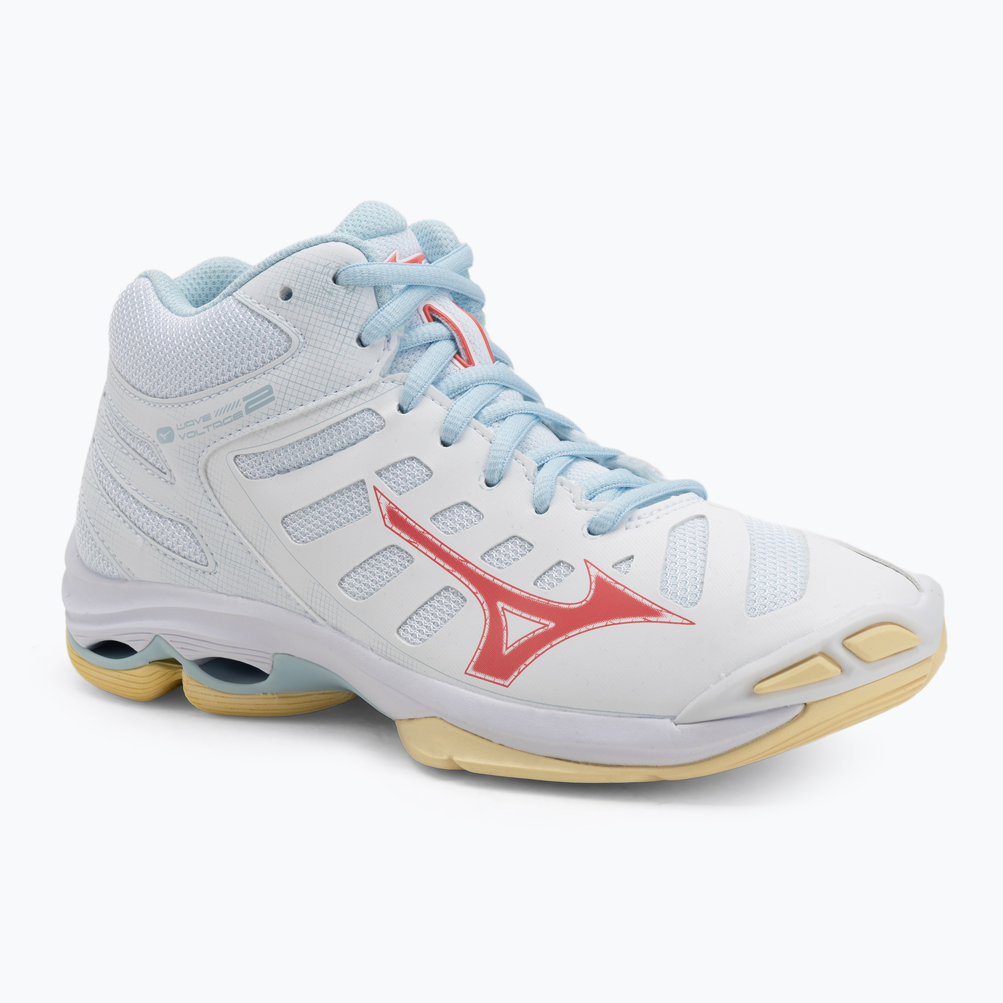 Buty do siatkówki damskie Mizuno Wave Voltage 2 Mid white/calypso coral/pale banan 