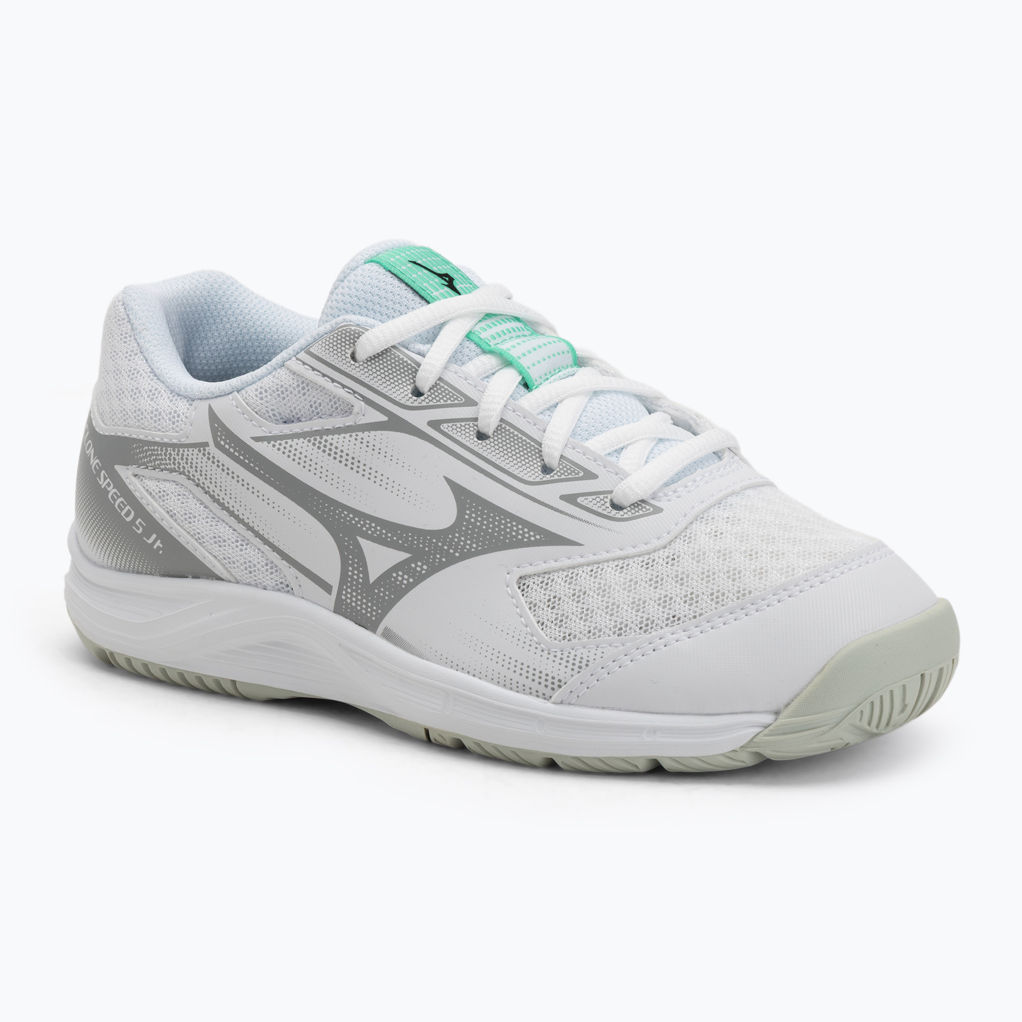 Buty do siatkówki dziecięce Mizuno Cyclone Speed 5 white/black/frozen emerald 