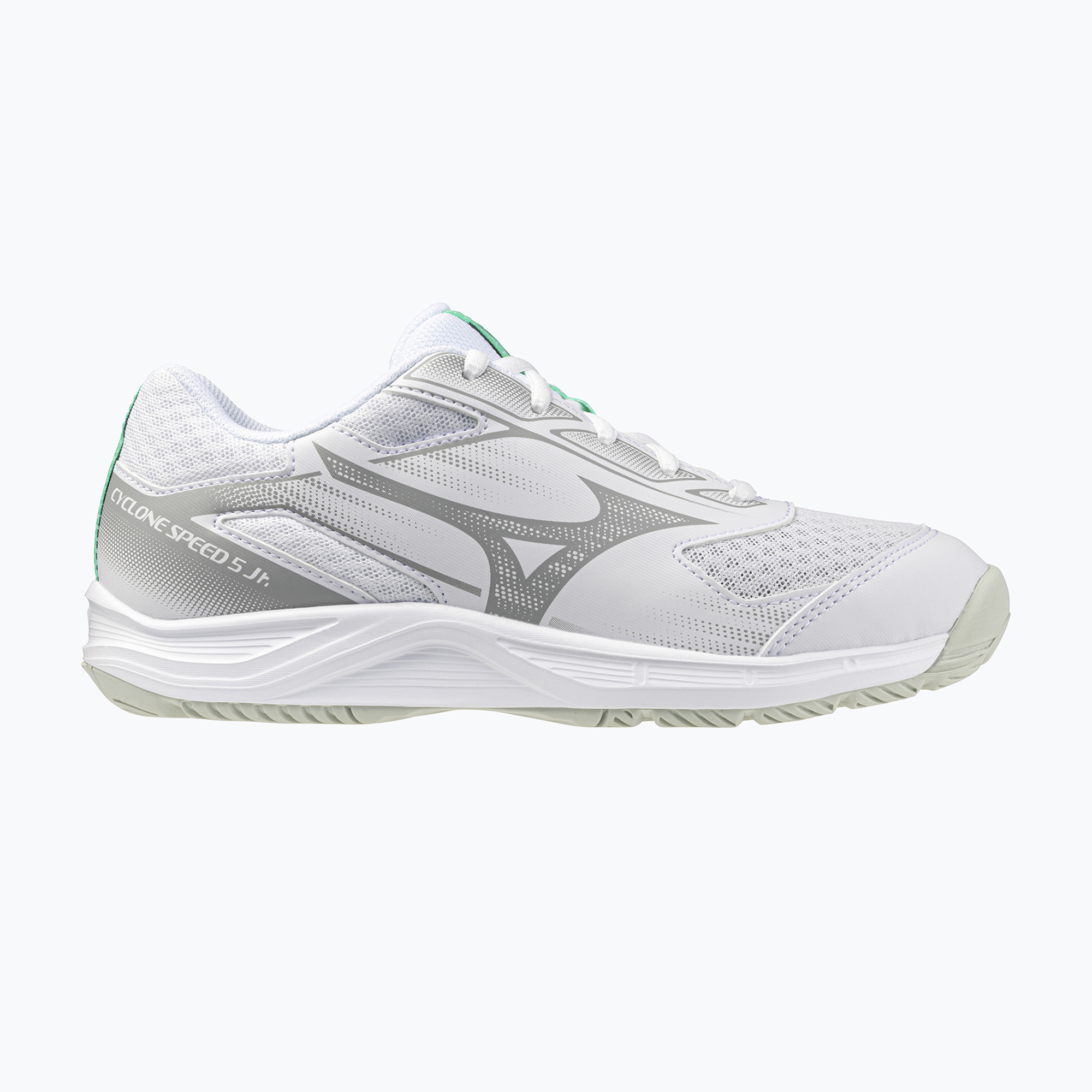 Buty do siatkówki dziecięce Mizuno Cyclone Speed 5 white/black/frozen emerald 