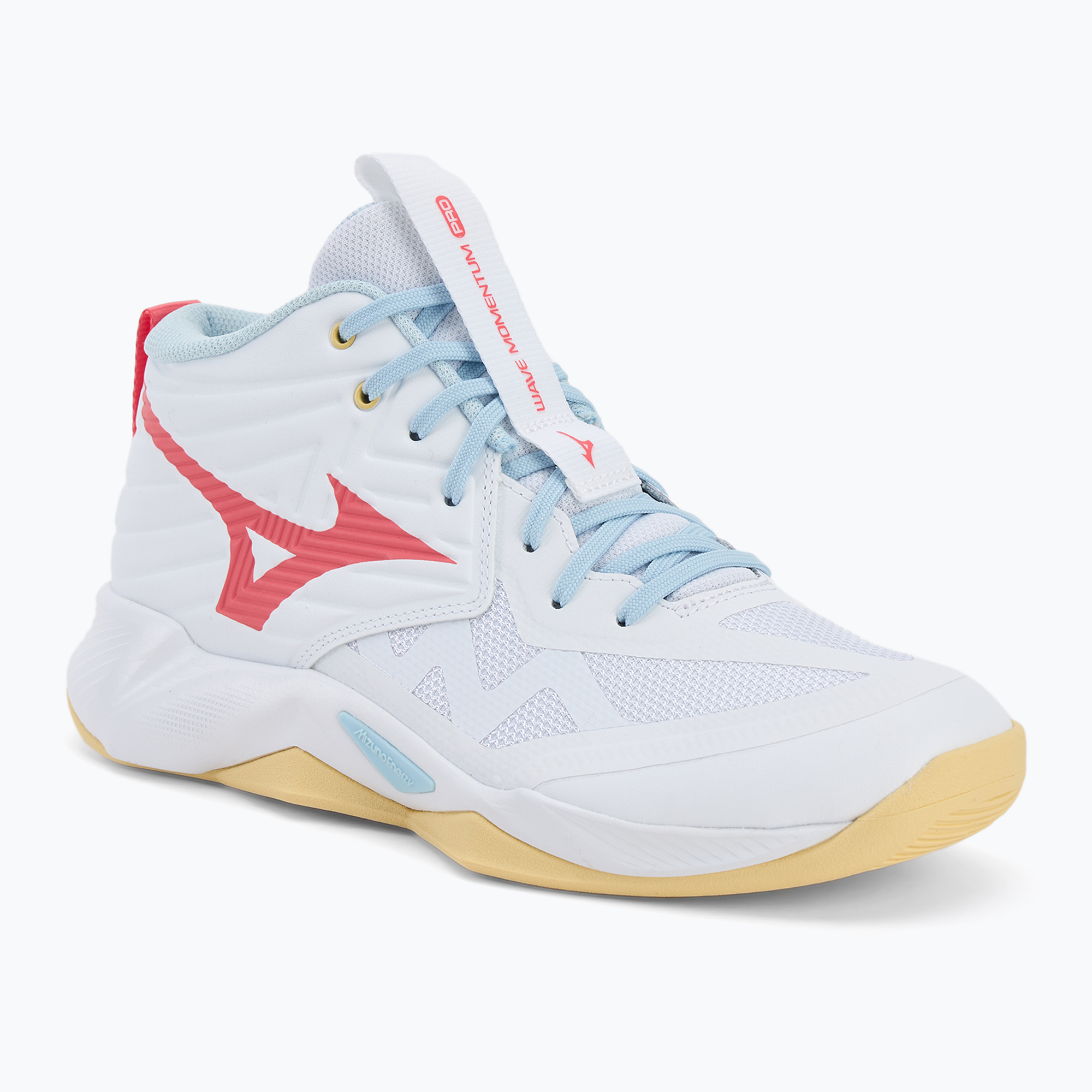 Buty do siatkówki damskie Mizuno Wave Momentum Pro Mid white/calypso coral/pale banan 