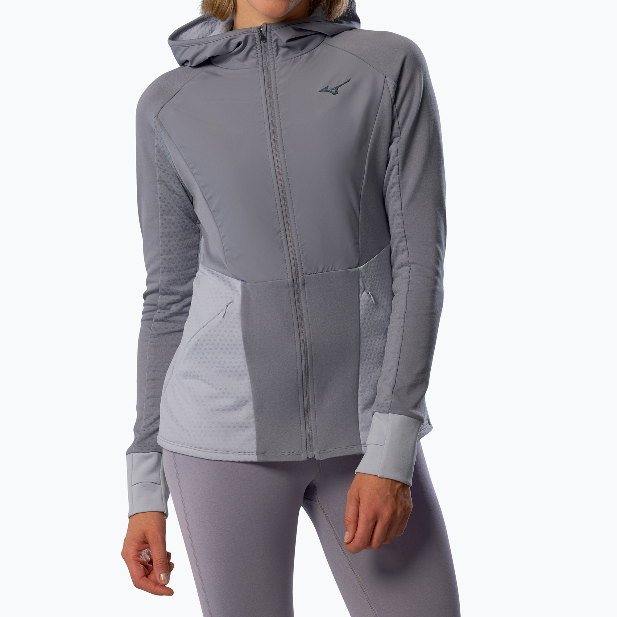 Kurtka do biegania damska Mizuno Active Warm Hybrid Full Zip Hooded quicksilver 