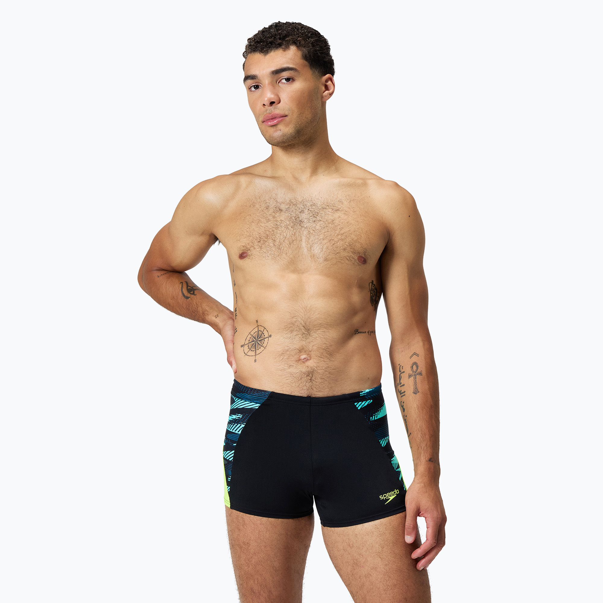 Speedo Endurance+ MAX Splice Aquashort boxer da uomo per il nuoto nero/giallo acido (32) (Endurance+ MAX Splice Aquashort 8-00300300334)