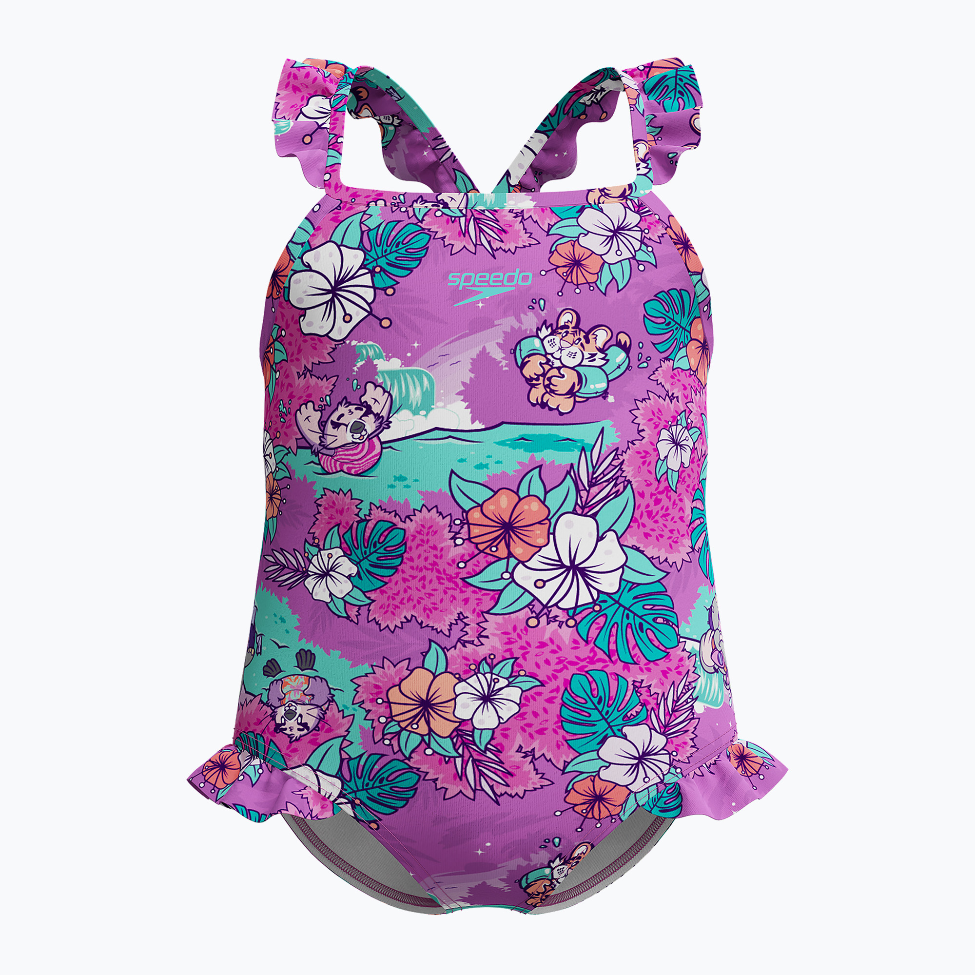 Speedo Learn To Swim - Costume intero da bagno per bambini stampato con fronzoli - viola neon (92 cm) (Learn To Swim Printed Frill Thinstrap 8-