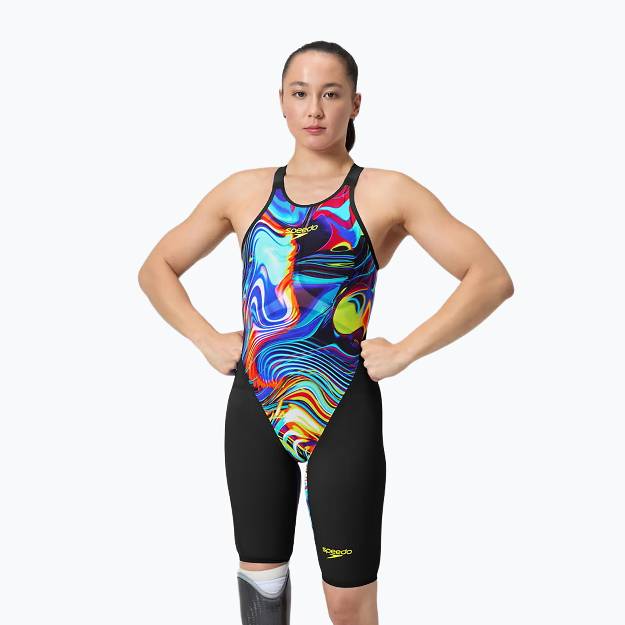 Дамски цял бански костюм Speedo Fastskin LZR Pure Valor 2.0 Openback Kneeskin black/molten blur