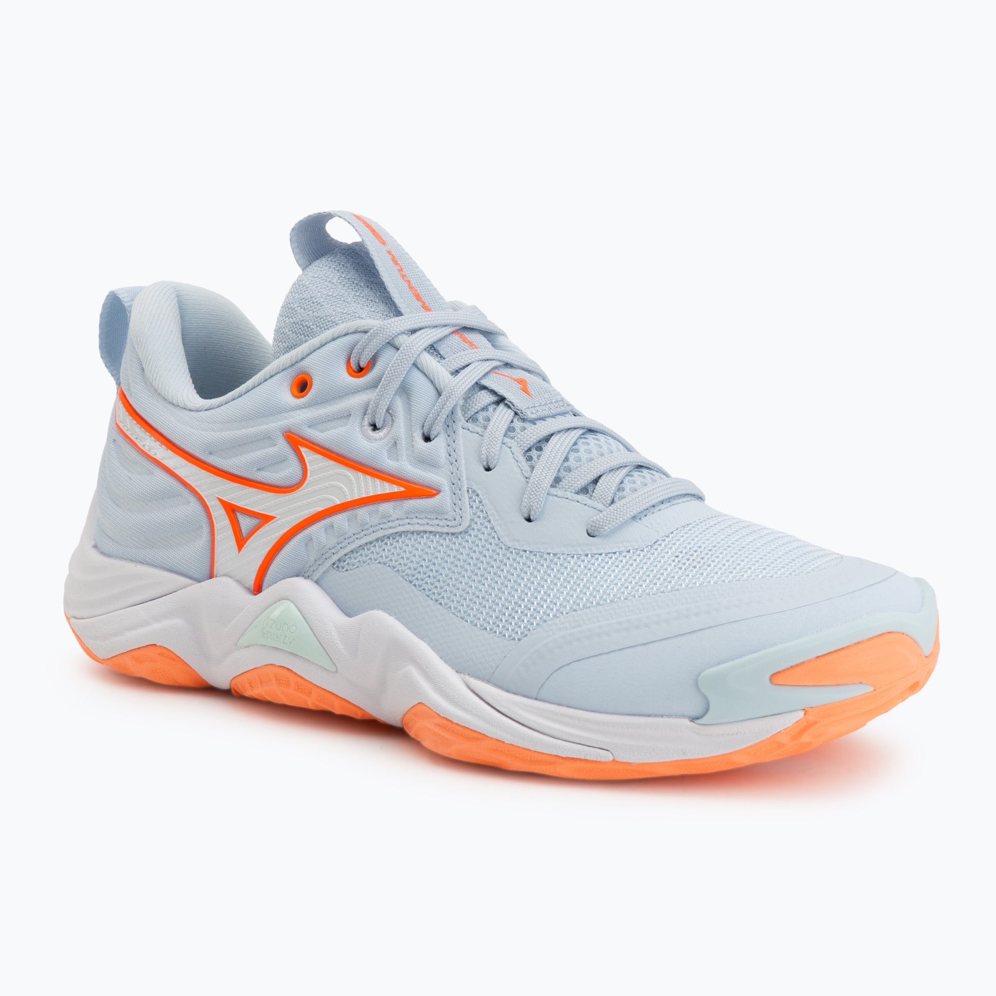 Încălțăminte de volei pentru femei Mizuno Wave Momentum Elite blue finch/white/lava orange