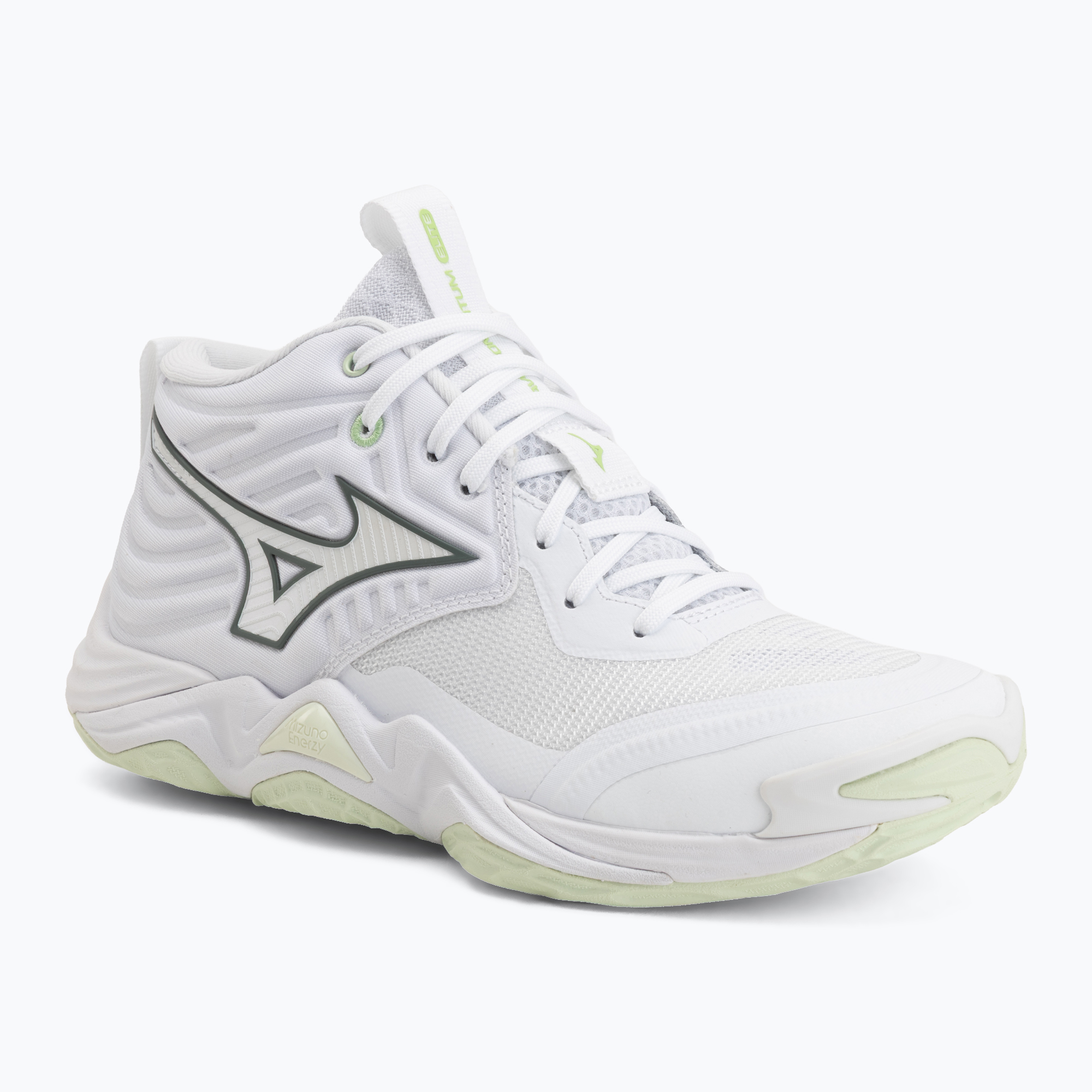 Încălțăminte de volei pentru femei Mizuno Wave Momentum Elite Mid white/balsam green/ambrosia