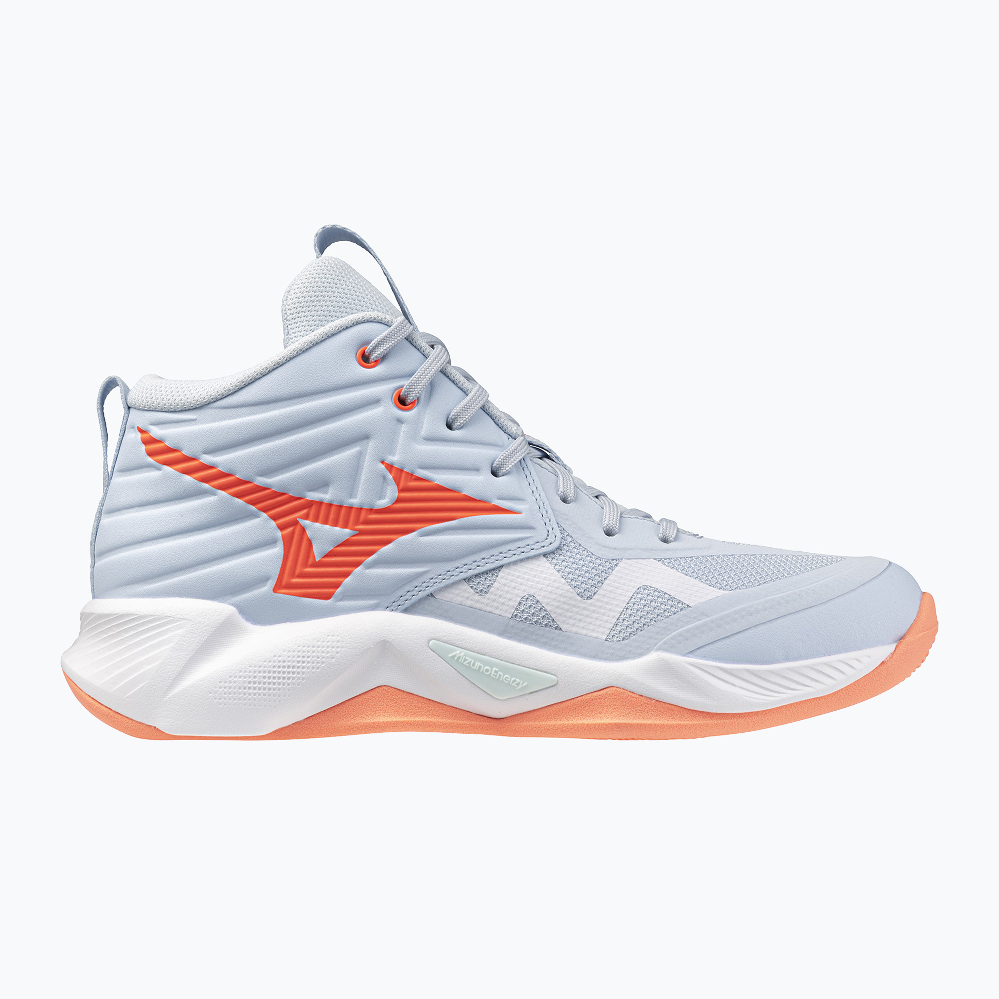 Încălțăminte de volei pentru femei Mizuno Wave Momentum Pro Mid blue finch/lava orange/flamingo coral
