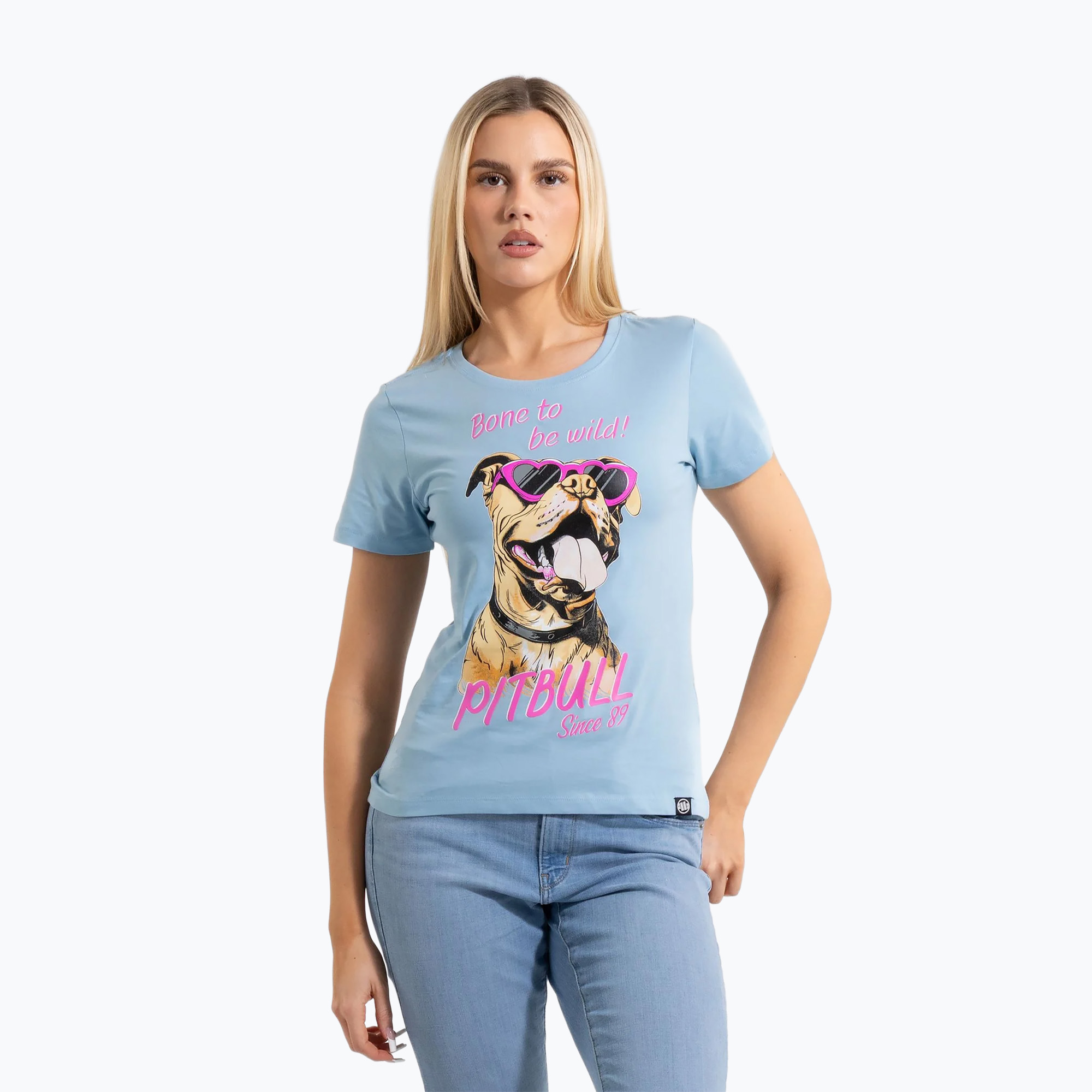 Women's T-shirt Pitbull Synglasses Dog light blue (S)