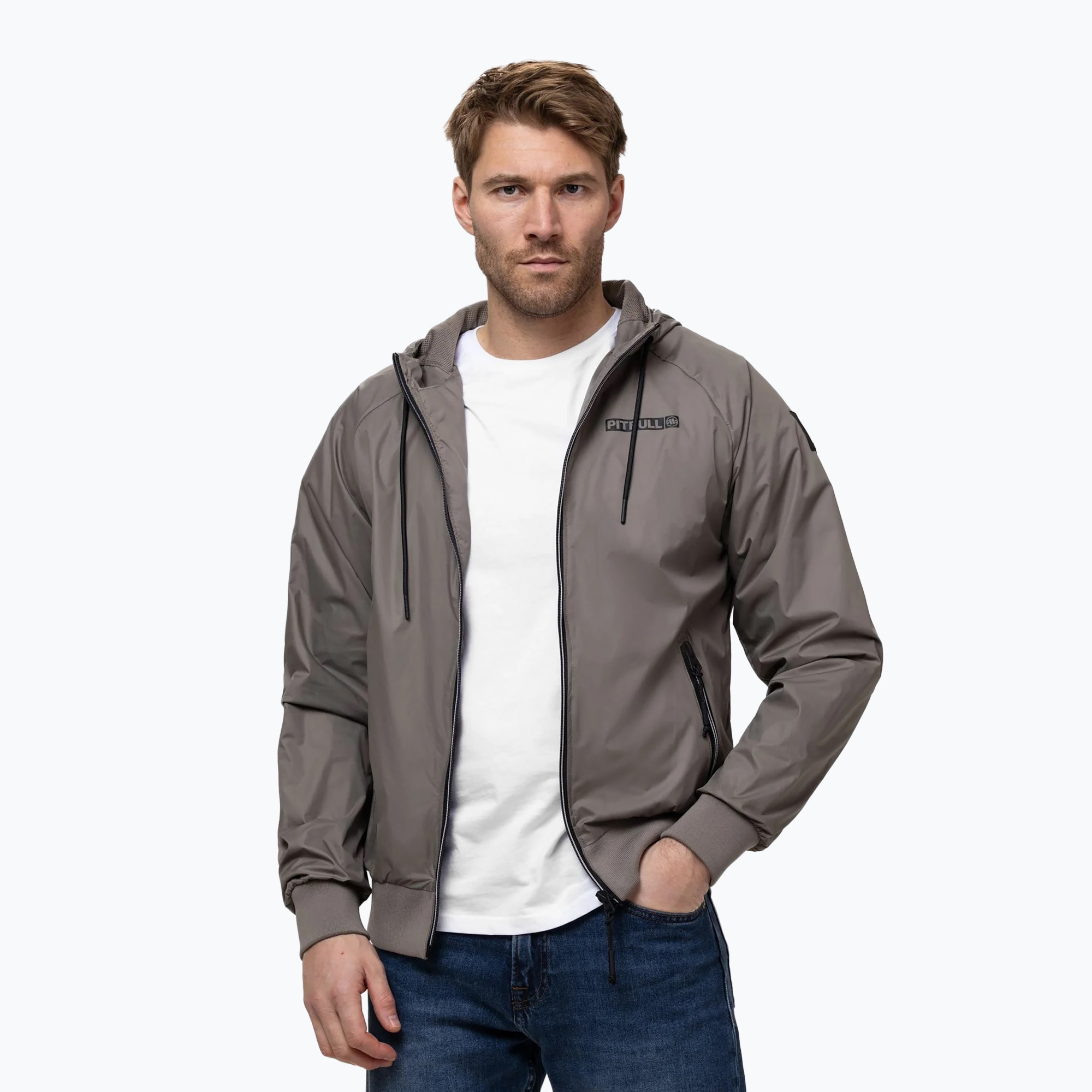 Geacă pentru bărbați Pitbull Athletic Logo Nylon Hooded taupe