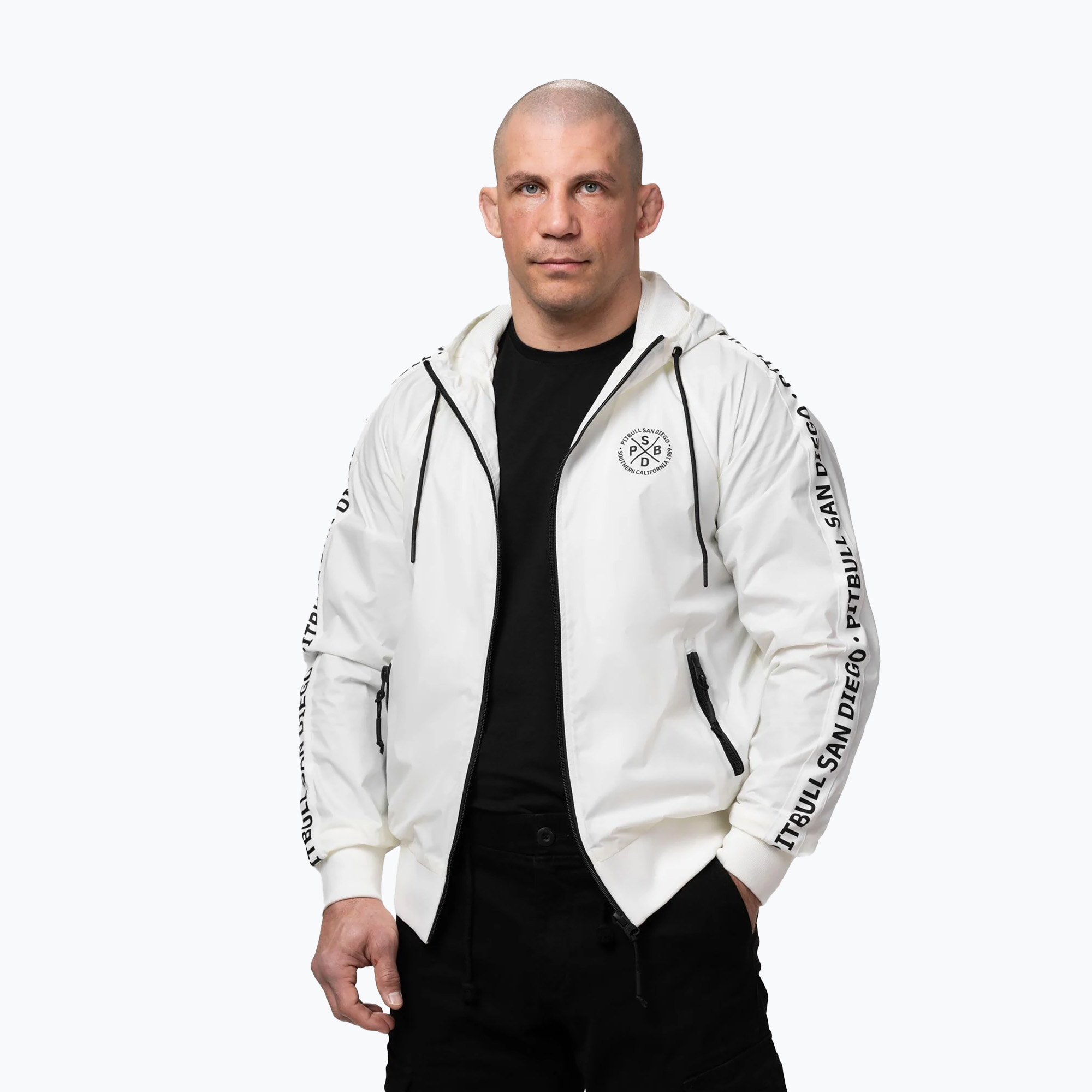 Geacă pentru bărbați Pitbull Athletic Tape Nylon Hooded off white