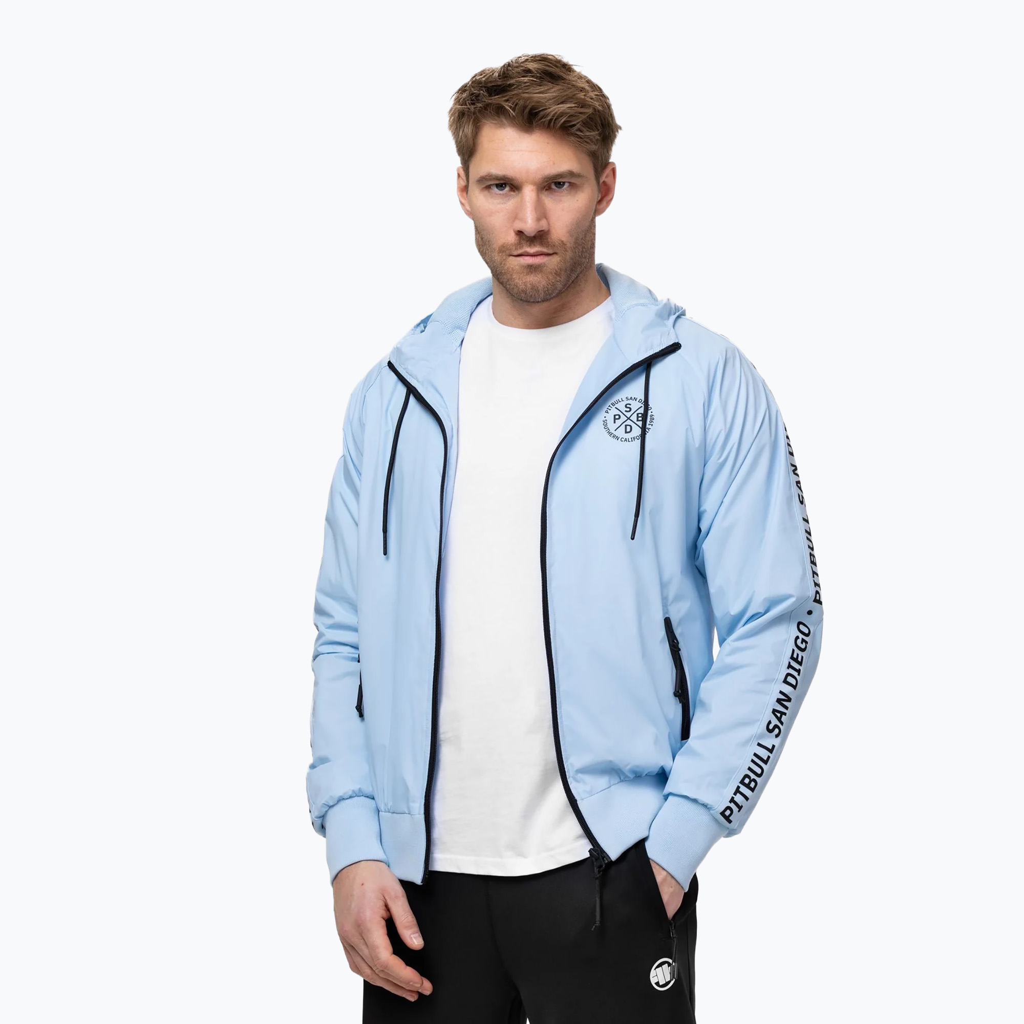 Geacă pentru bărbați Pitbull Athletic Tape Nylon Hooded light blue