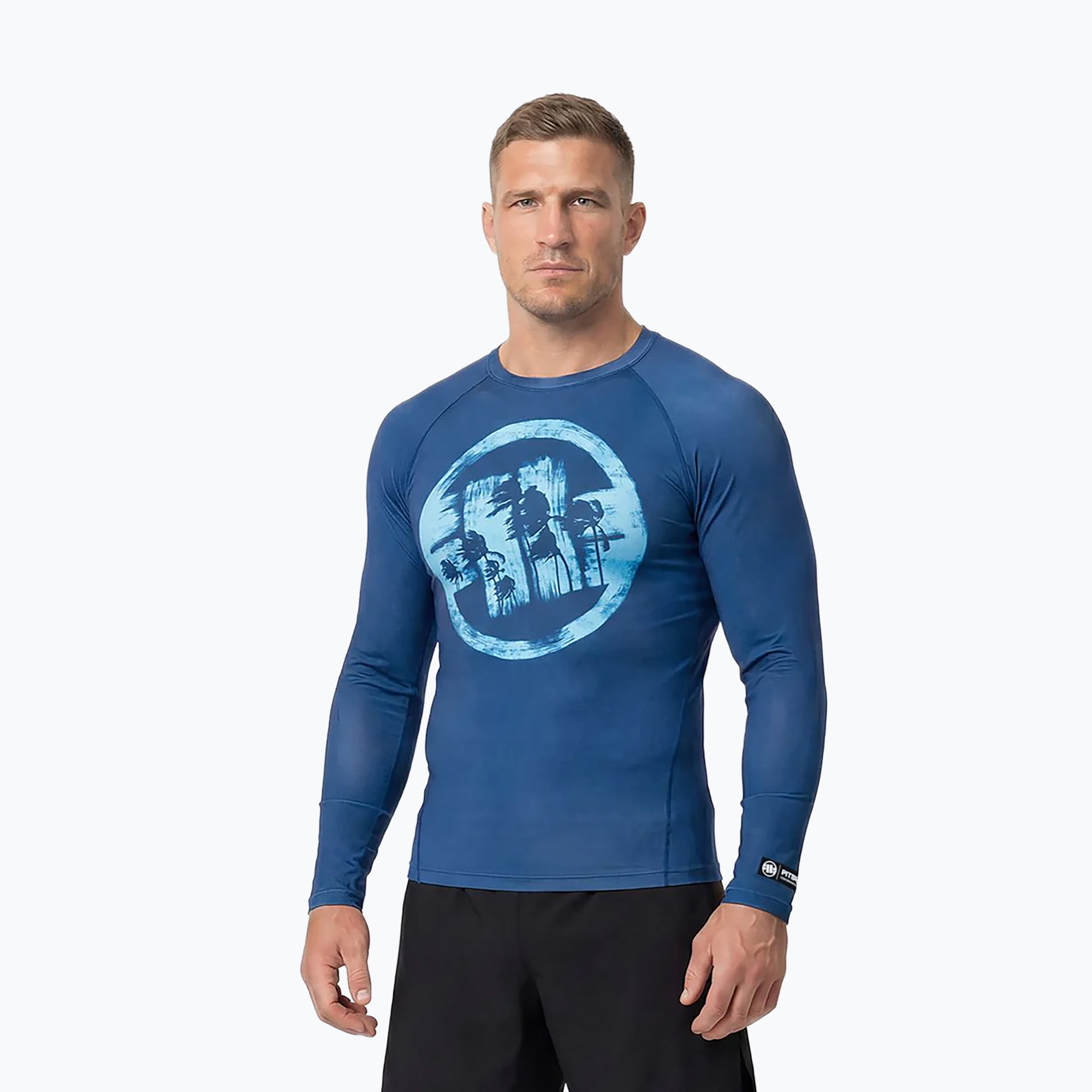 Pánsky rashguard s dlhým rukávom Pitbull Rashguard Logo Palms blue