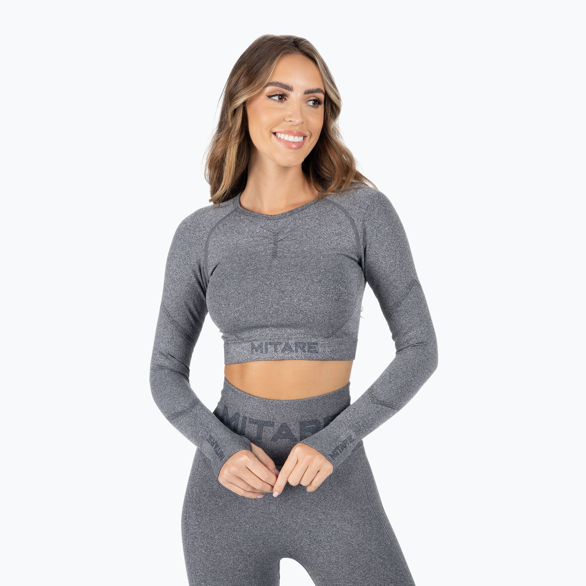 Дамски тренировъчен топ с дълъг ръкав MITARE Push Up Max Crop Top тъмно сив K084