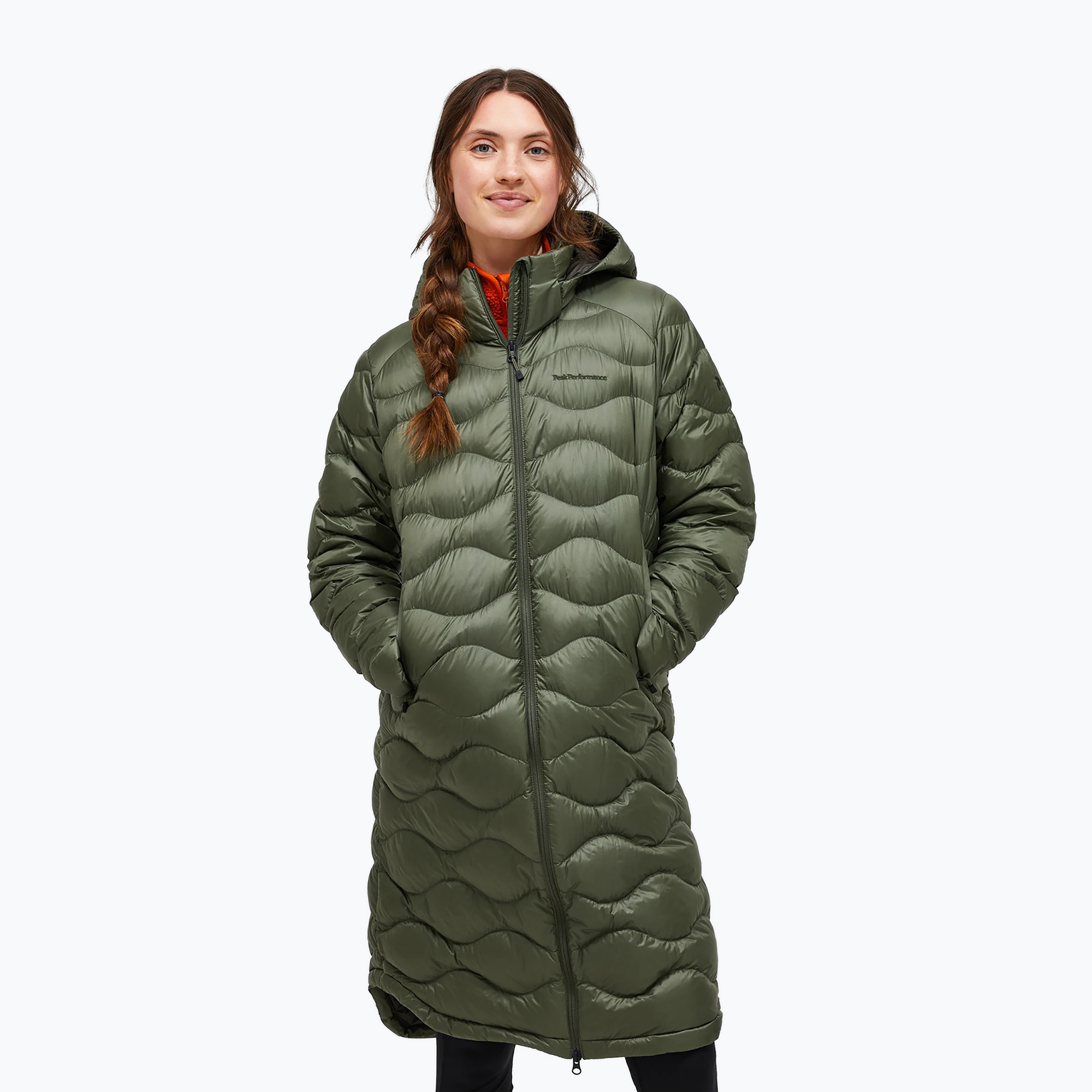 Płaszcz puchowy damski Peak Performance Helium Down Coat pine needle/olive extreme 