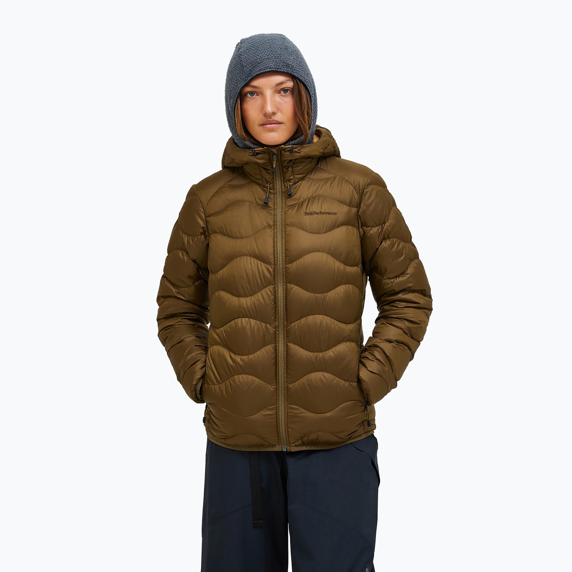 Kurtka puchowa damska Peak Performance Helium Down Hood meadow moss/sierra sand 