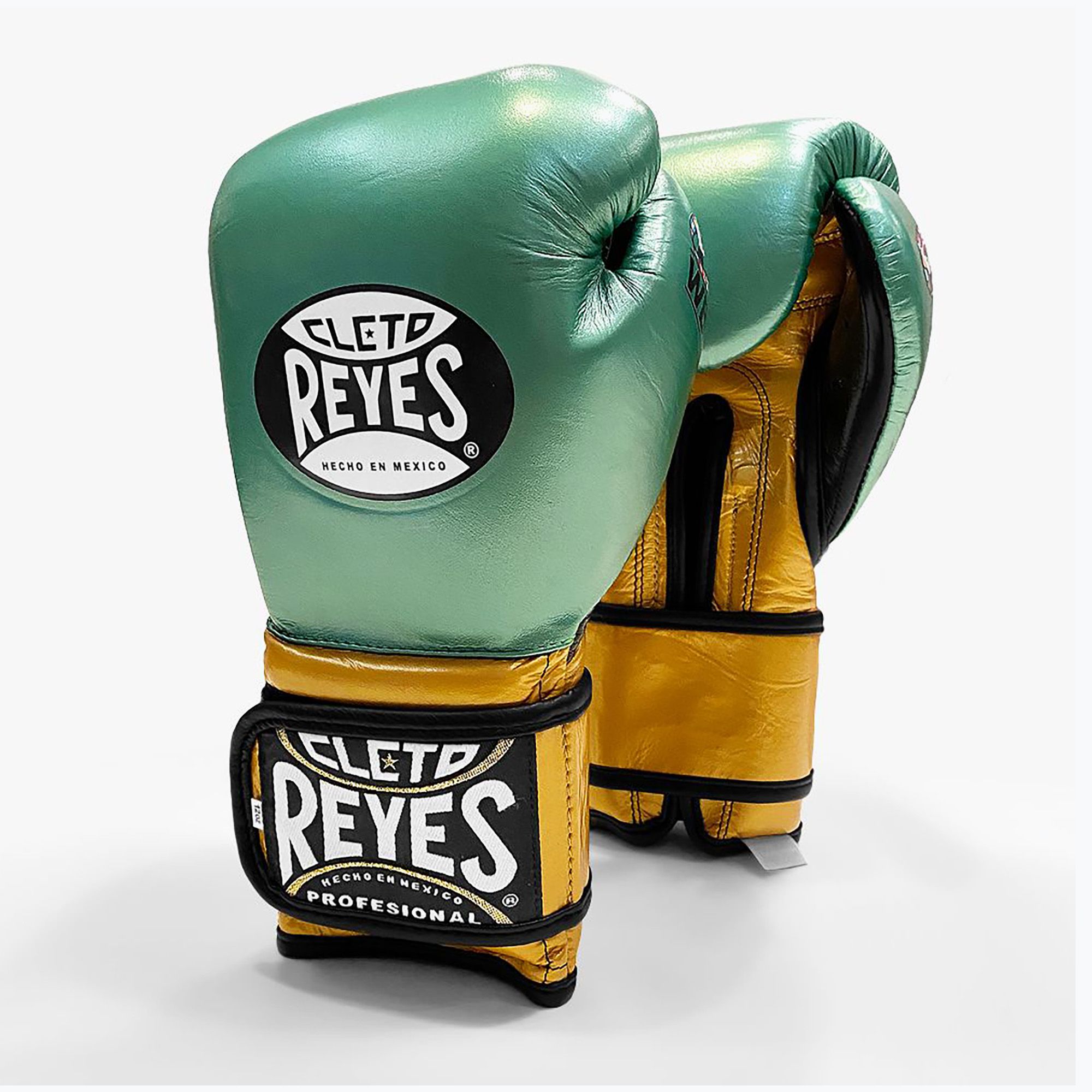 Rękawice bokserskie Cleto Reyes Velcro Sparring metalic green/gold wbc 