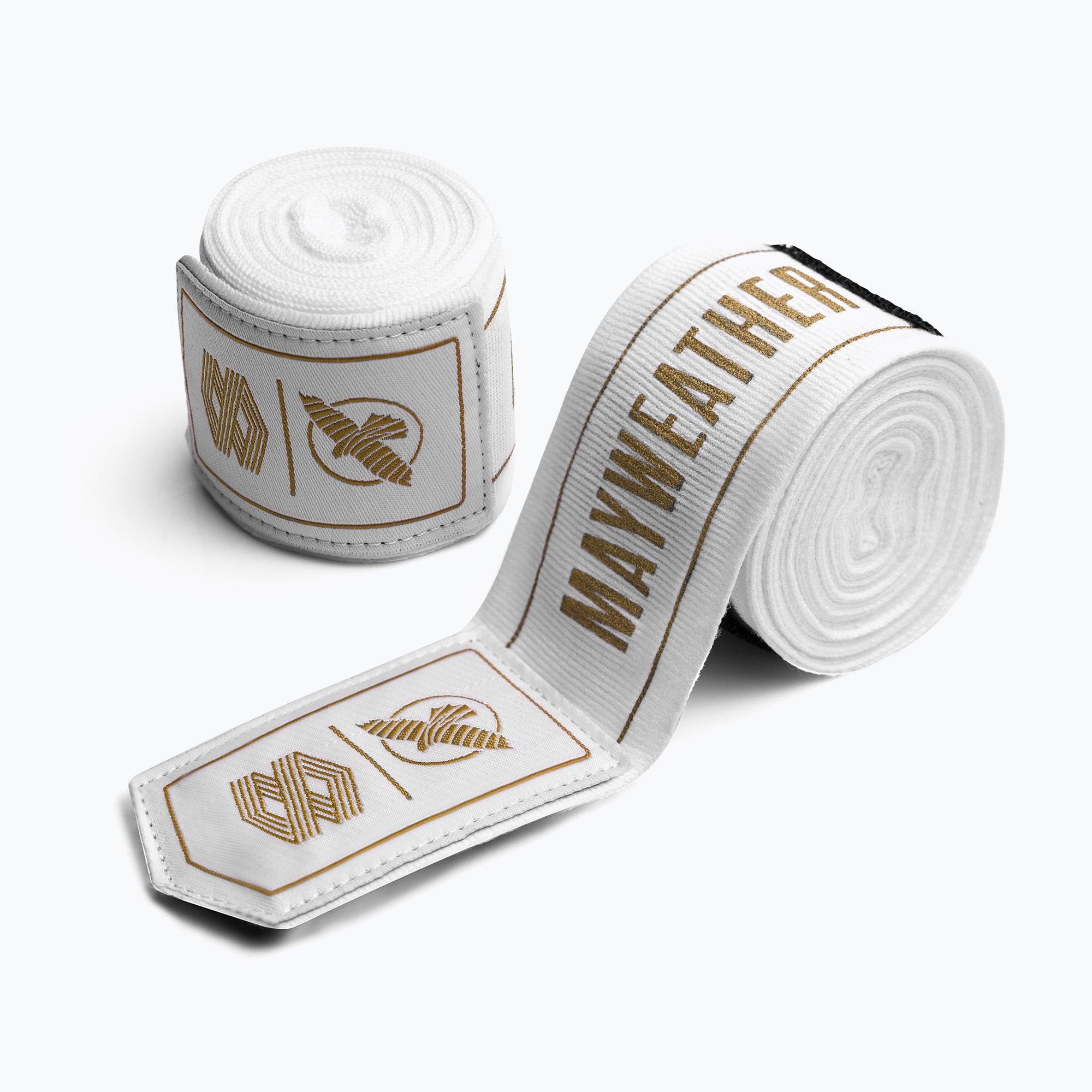 Owijki bokserskie Hayabusa Mayweather Stretch Hand Wraps 450 cm white/gold 