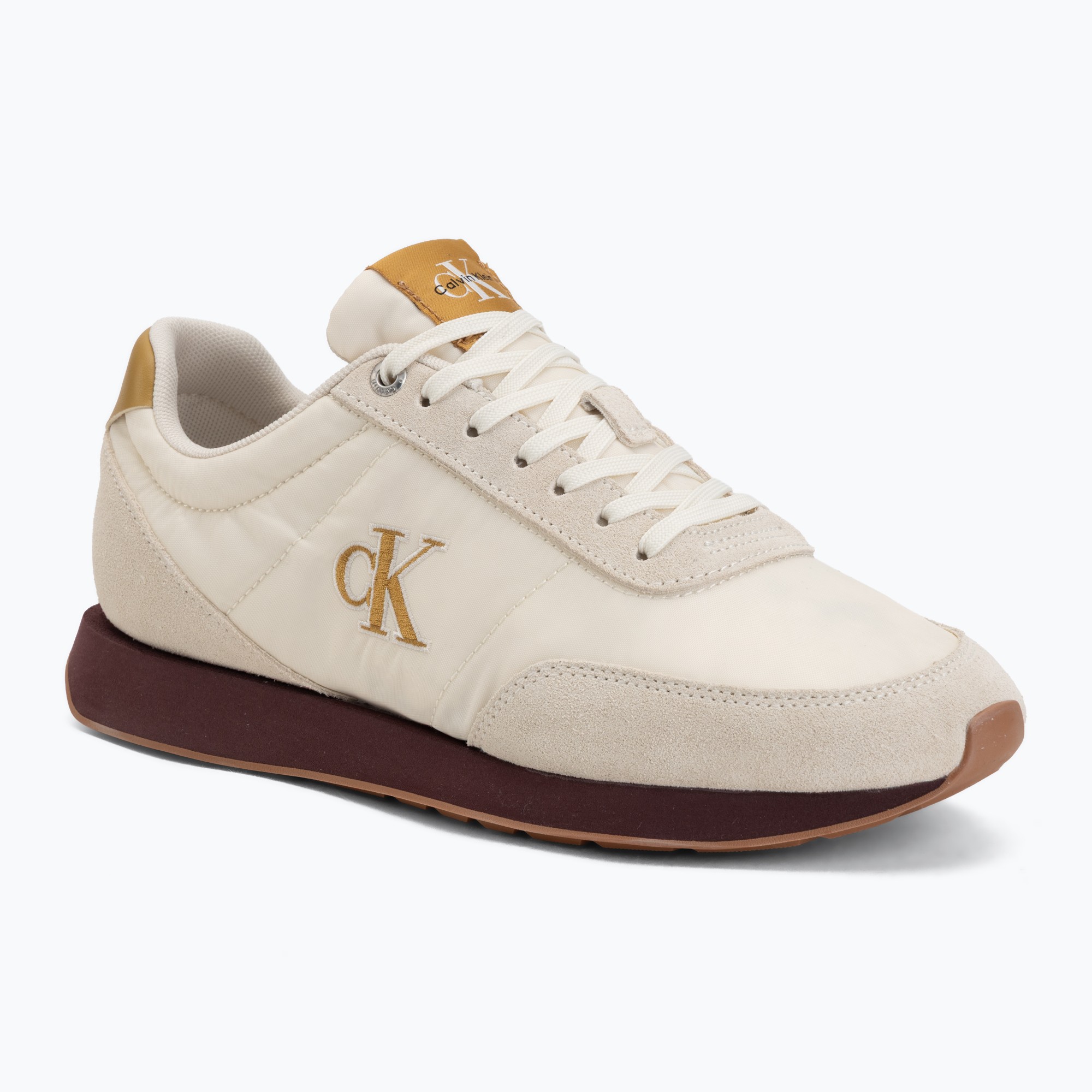 Buty męskie Calvin Klein YM0YM01361 Retro Runner Ess Mix Mat white swan/tofu/amber gold 